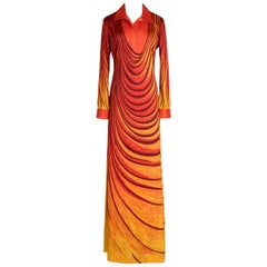 1970s ROBERTA DI CAMERINO "Dream" Orange Yellow Trompe l'Oeil Print Maxi Dress