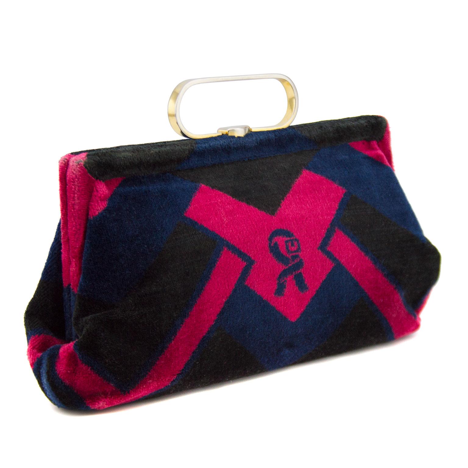 1970s Roberta Di Camerino double top handle bag. Beautiful navy blue and deep raspberry with gold tone hardware. Branded with the iconic buckle 
