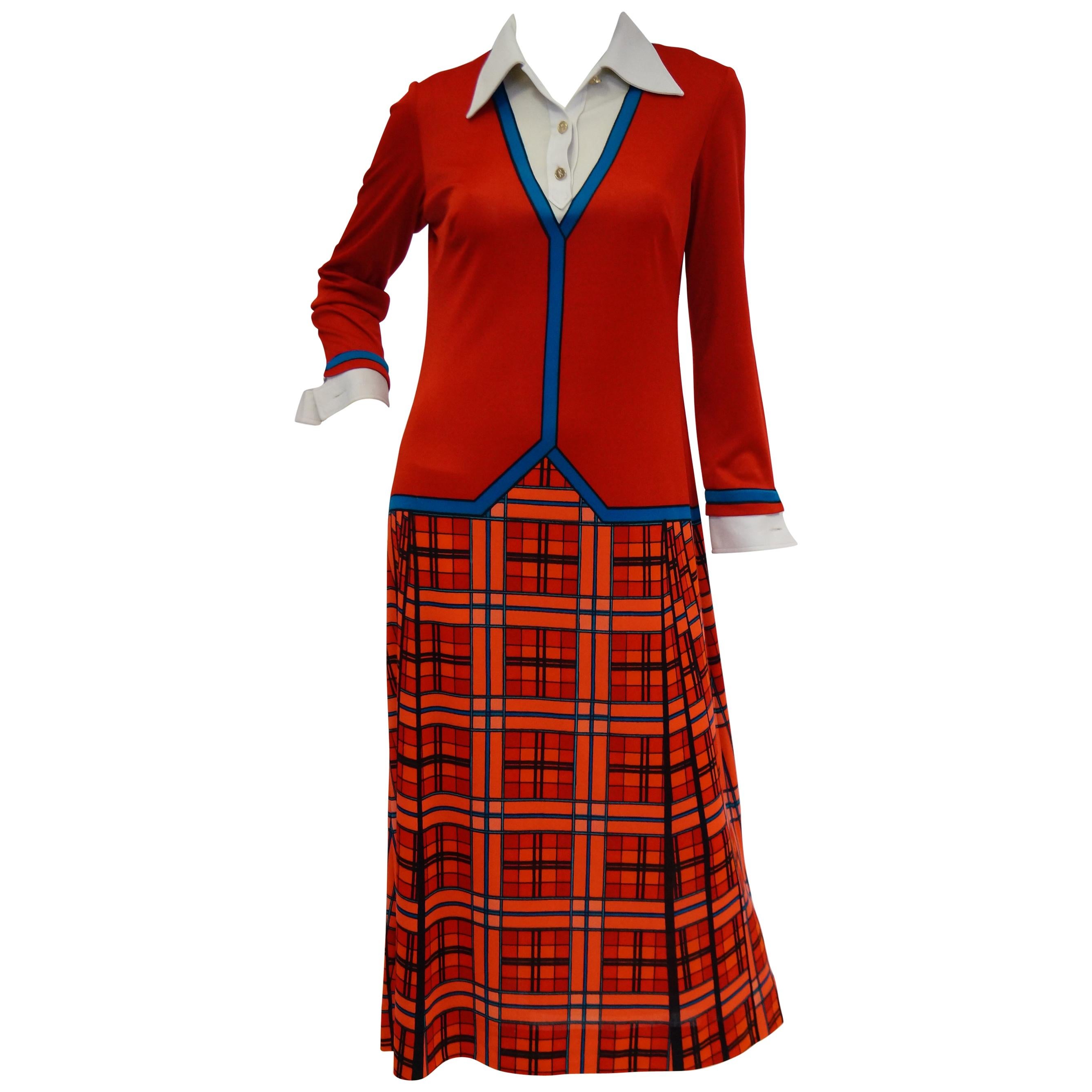 1970s Roberta di Camerino Red and Blue Trompe L
oeil Midi Dress For Sale