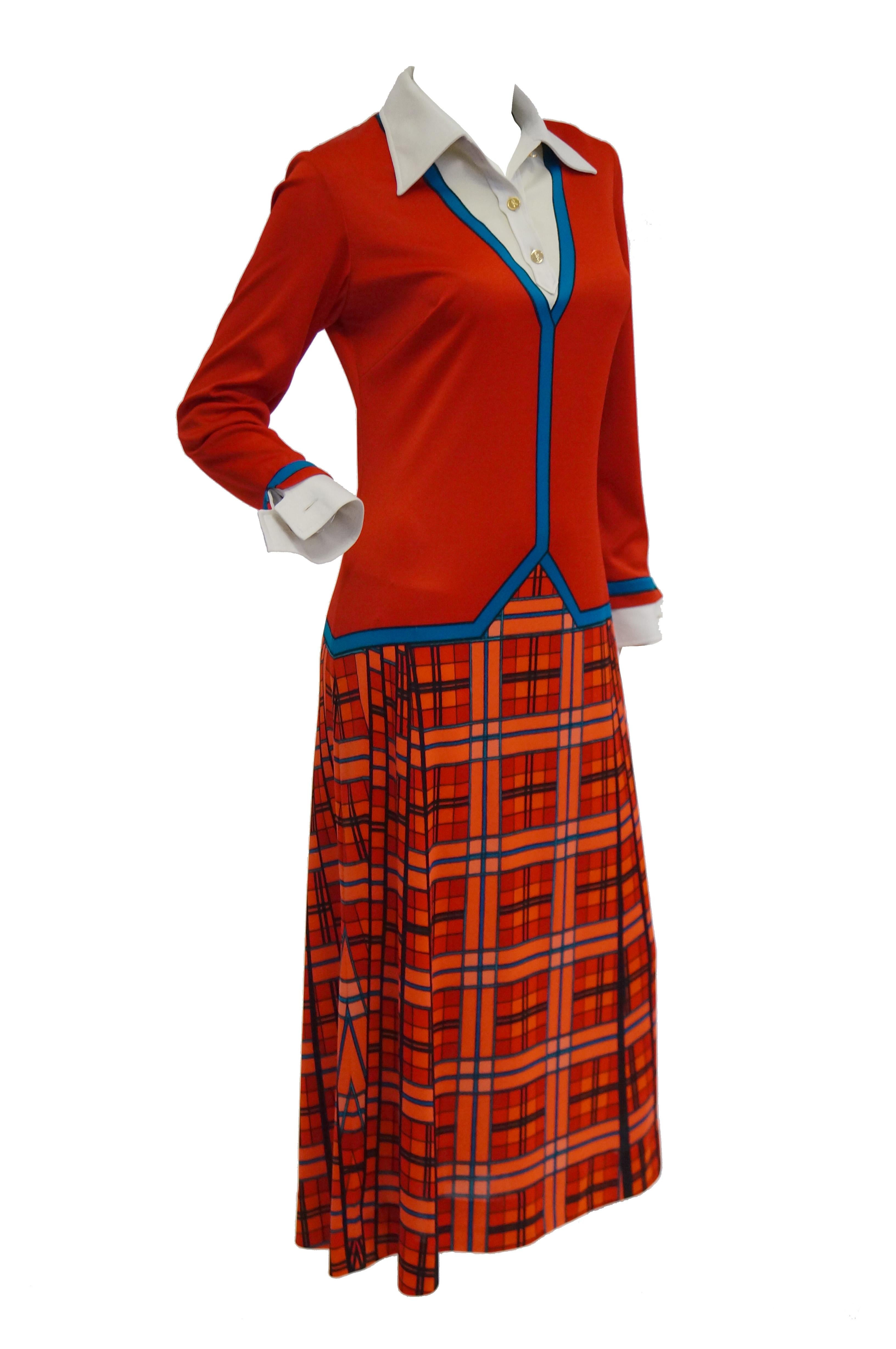 1970s Roberta di Camerino Red and Blue Trompe L'oeil Midi Dress For Sale 1