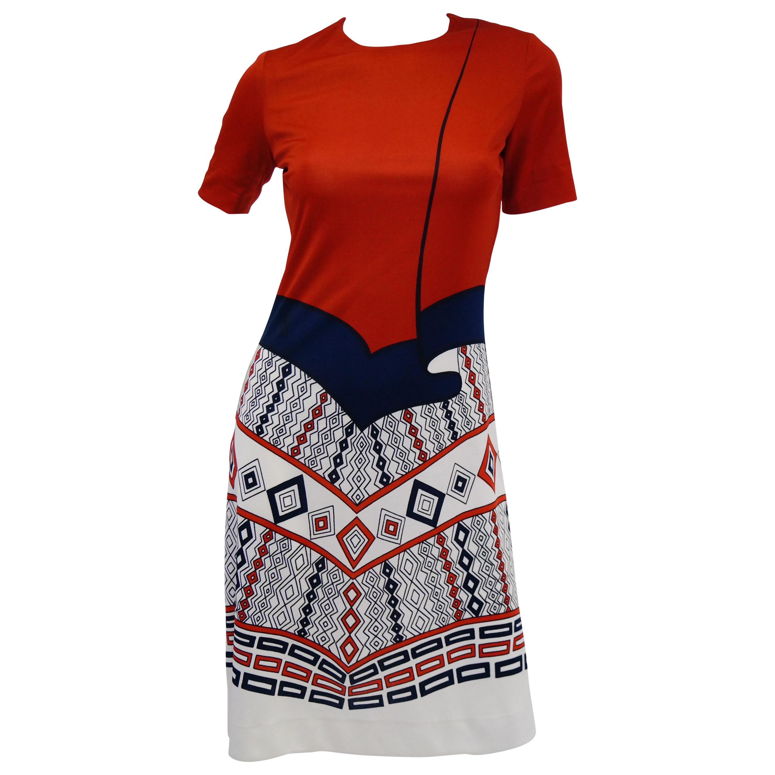 1970s Roberta di Camerino Red Blue and White Trompe L
oeil Dress For Sale