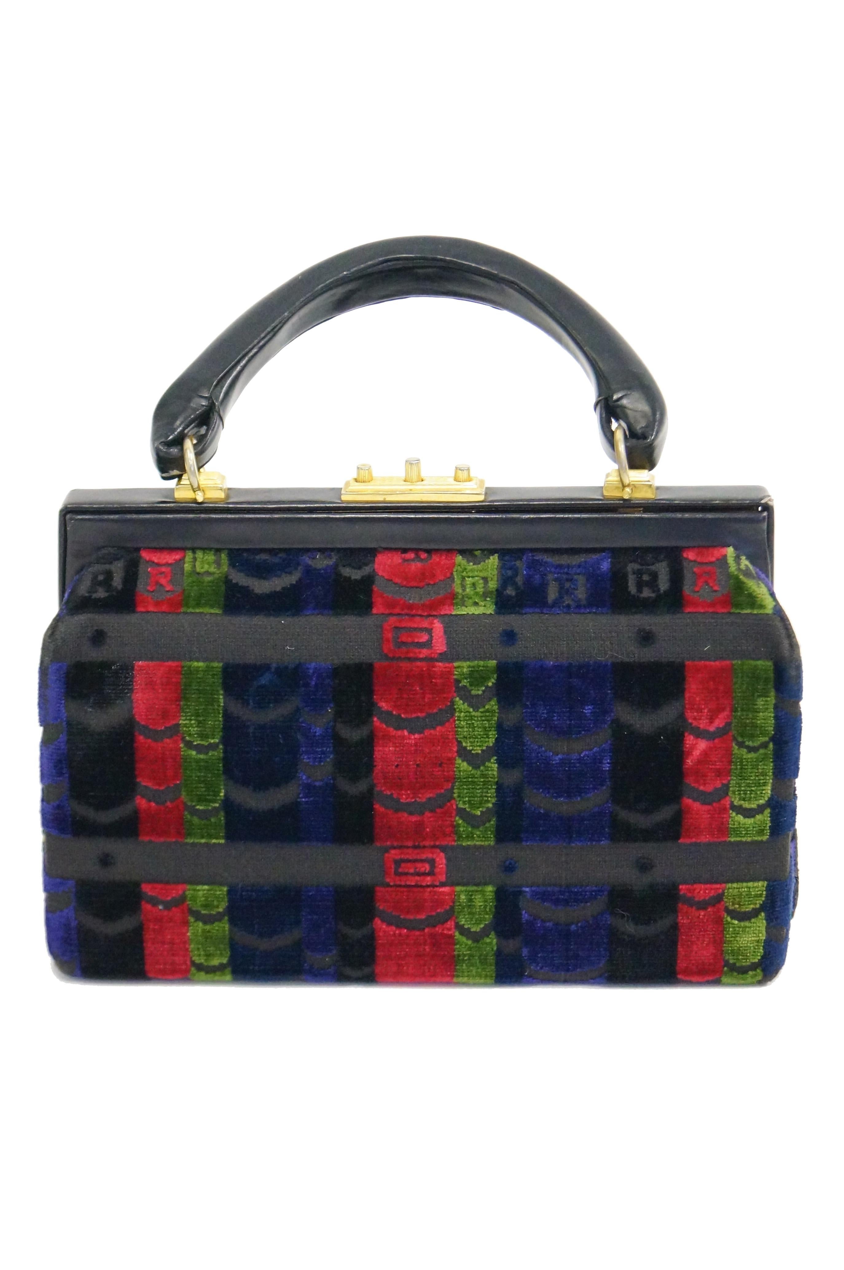 1970s Roberta di Camerino Red Green Navy Black Stripe Devore Velvet Handbag In Good Condition In Houston, TX