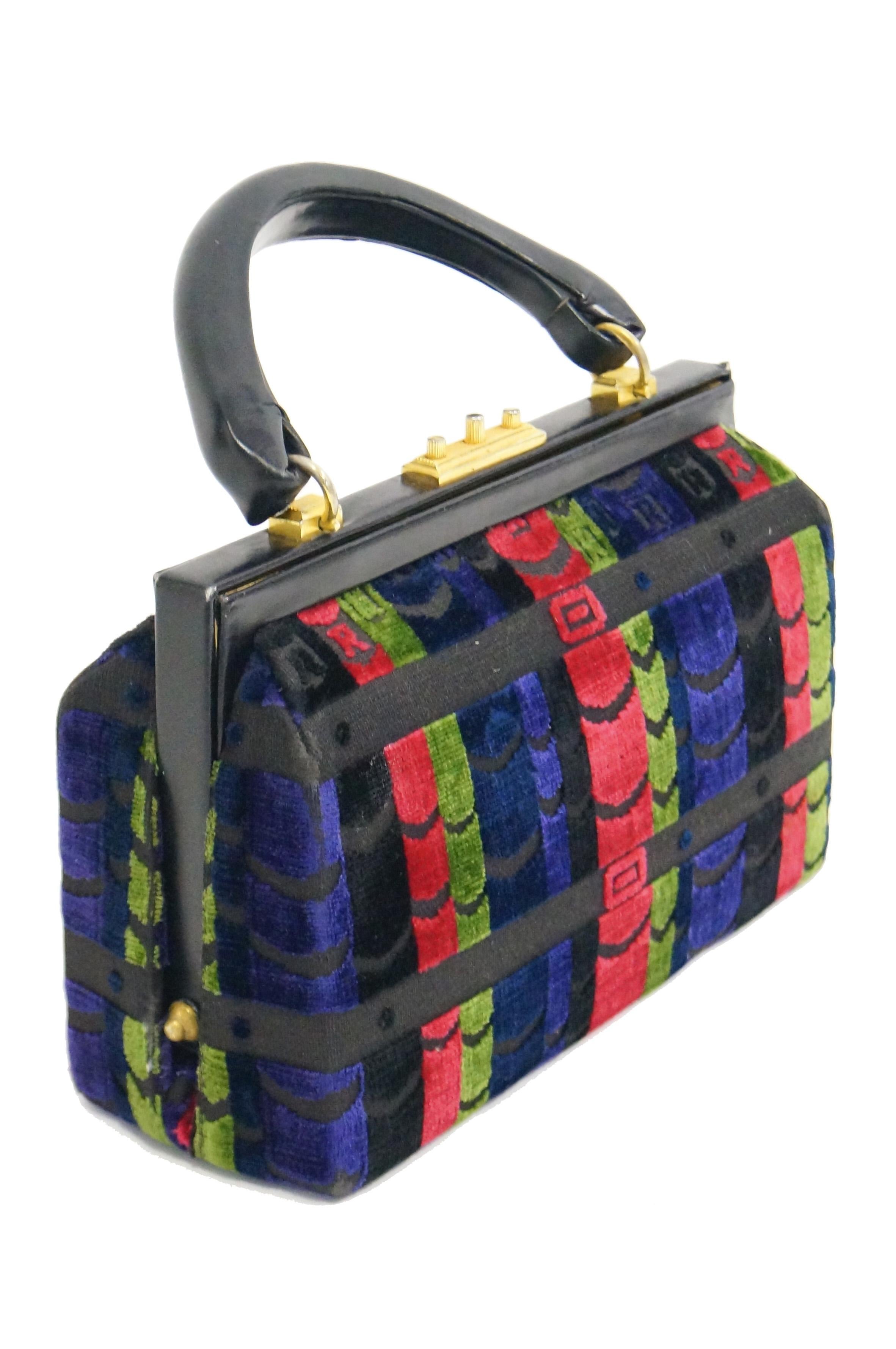 Women's 1970s Roberta di Camerino Red Green Navy Black Stripe Devore Velvet Handbag