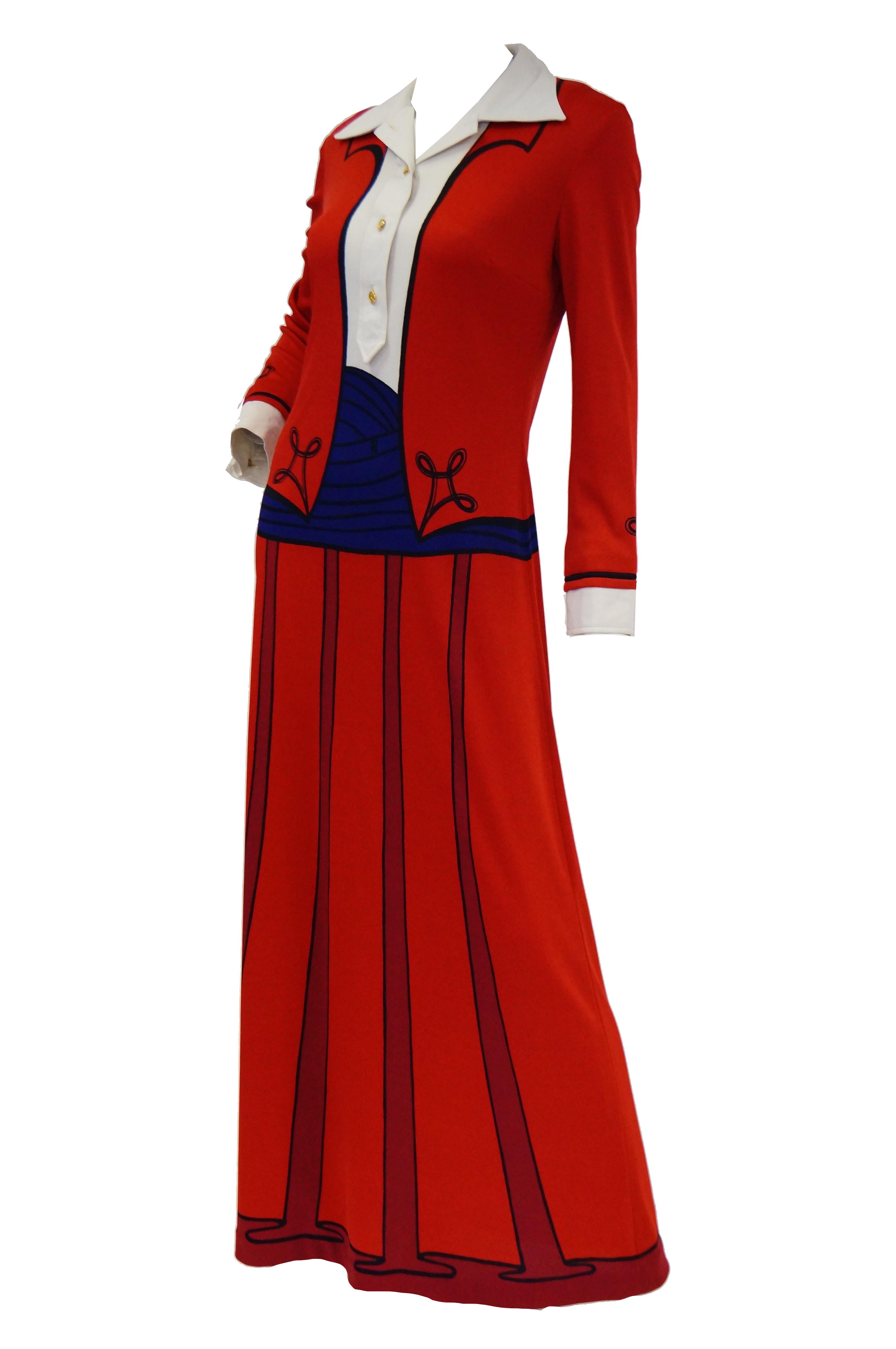 1970s Roberta di Camerino Red Tromple L'oeil Ensemble Maxi Dress  For Sale 1