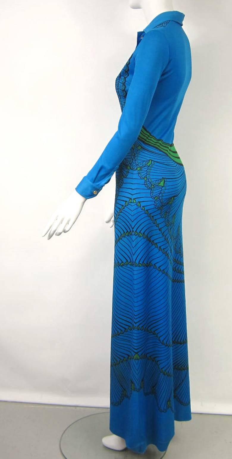 1970s ROBERTA DI CAMERINO Trompe l'Oeil Print Maxi Dress - Blue Green Black  In Good Condition For Sale In Wallkill, NY