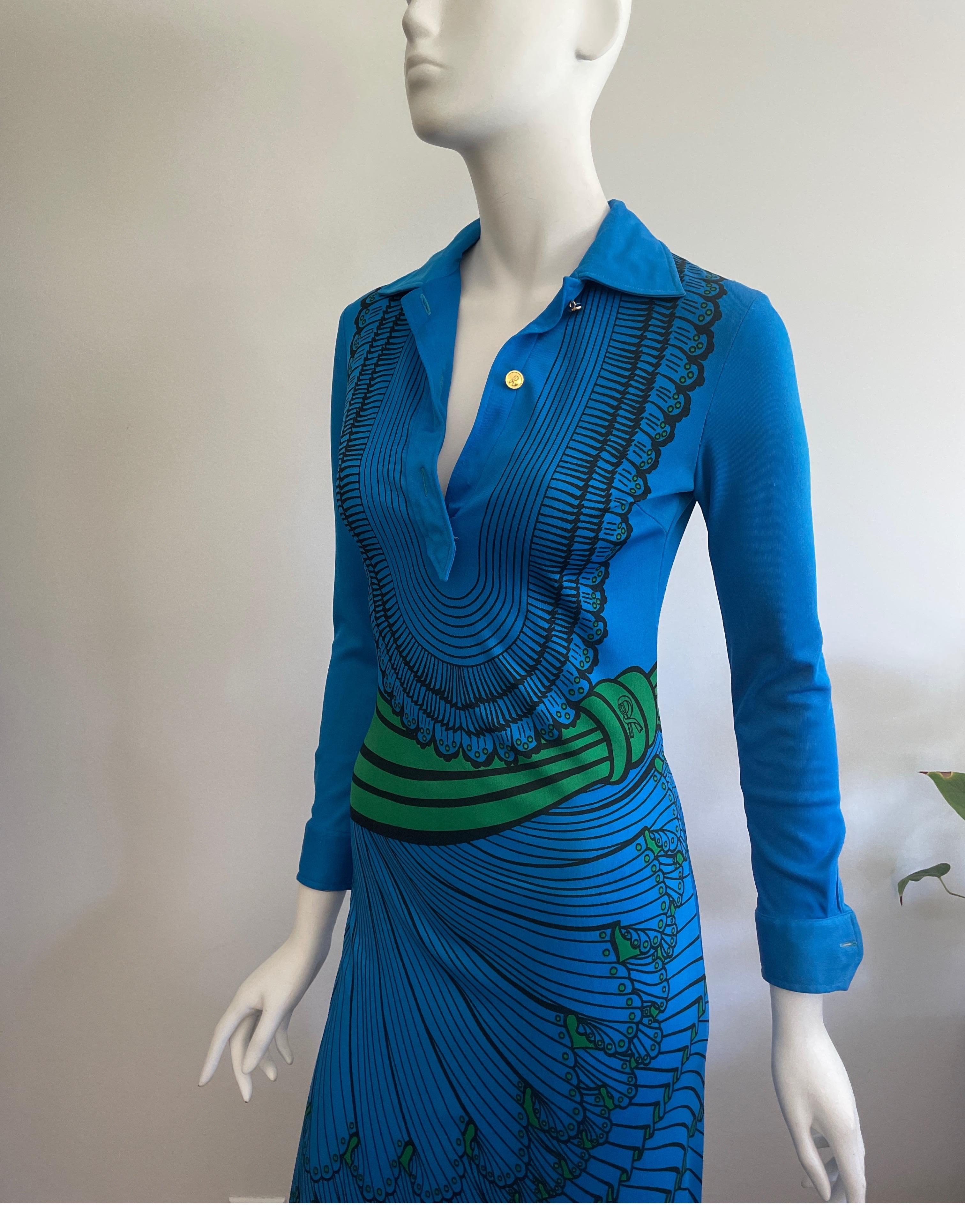 1970s ROBERTA DI CAMERINO Trompe l'Oeil Print Maxi Dress - Blue Green Black  For Sale 5