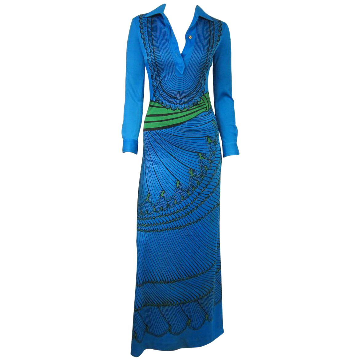 1970er ROBERTA DI CAMERINO Maxikleid mit Trompe-l'Oeil-Druck in Blau, Grün, Schwarz und Schwarz  im Angebot