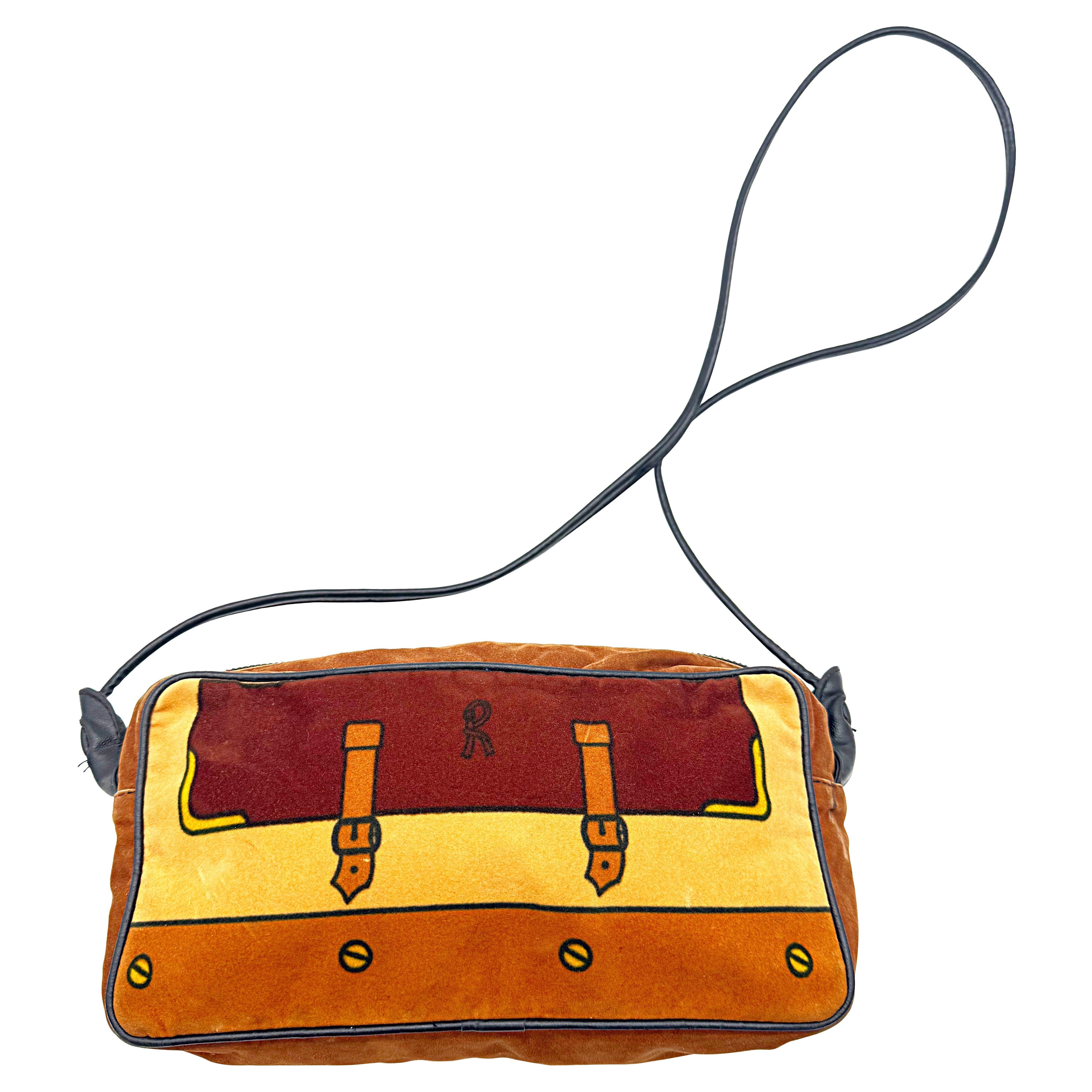 Bolso cruzado vintage de terciopelo marrón tostado Roberta Di Camerino Trompe l'Oeil de los años 70 en venta
