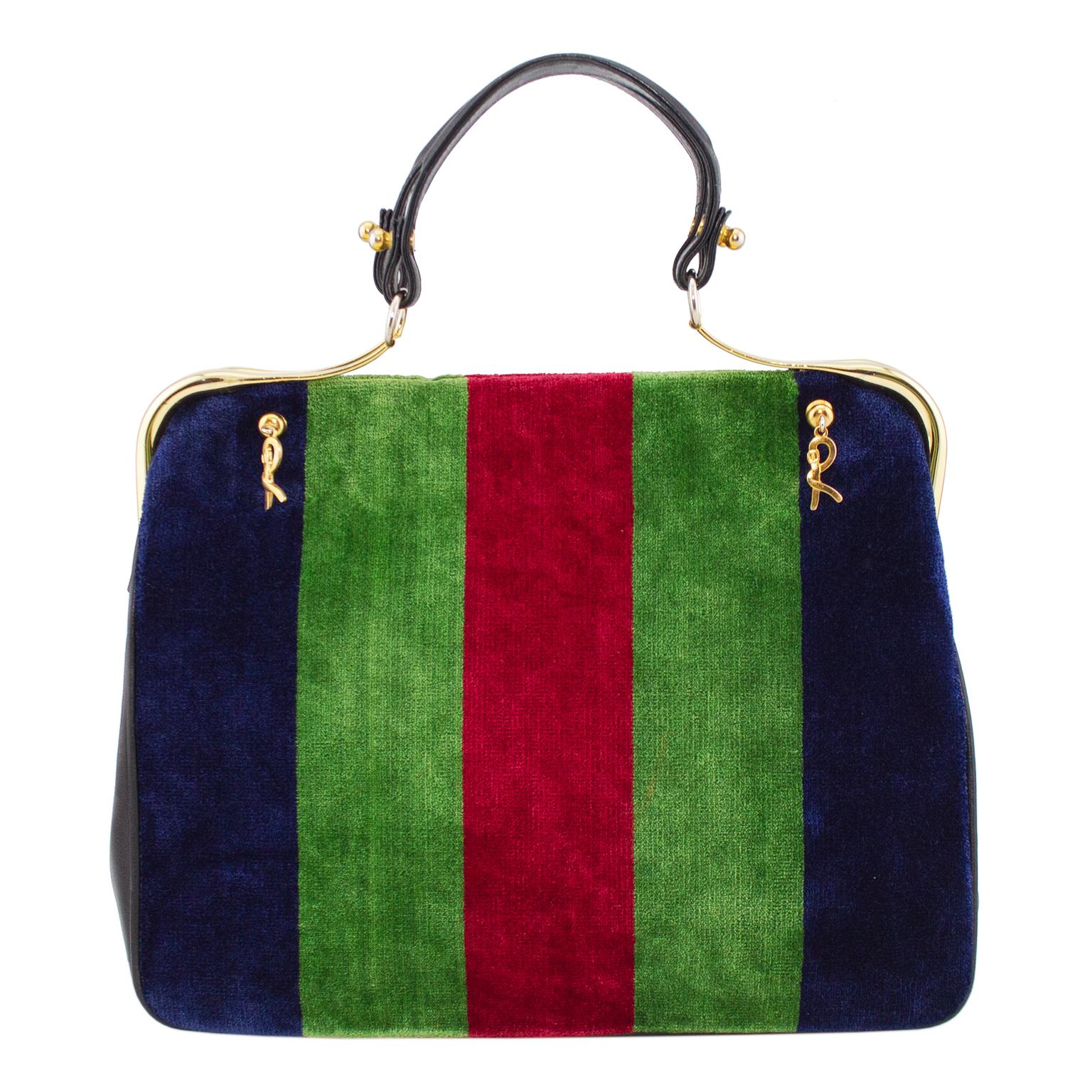 Doctors style Roberta Di Camerino velvet frame handbag from the 1970s. The iconic Roberta Di Camerino navy blue, green and red vertical velvet stripes are the most sought after colours. Black leather sides, handles and interior. Gold tone metal R