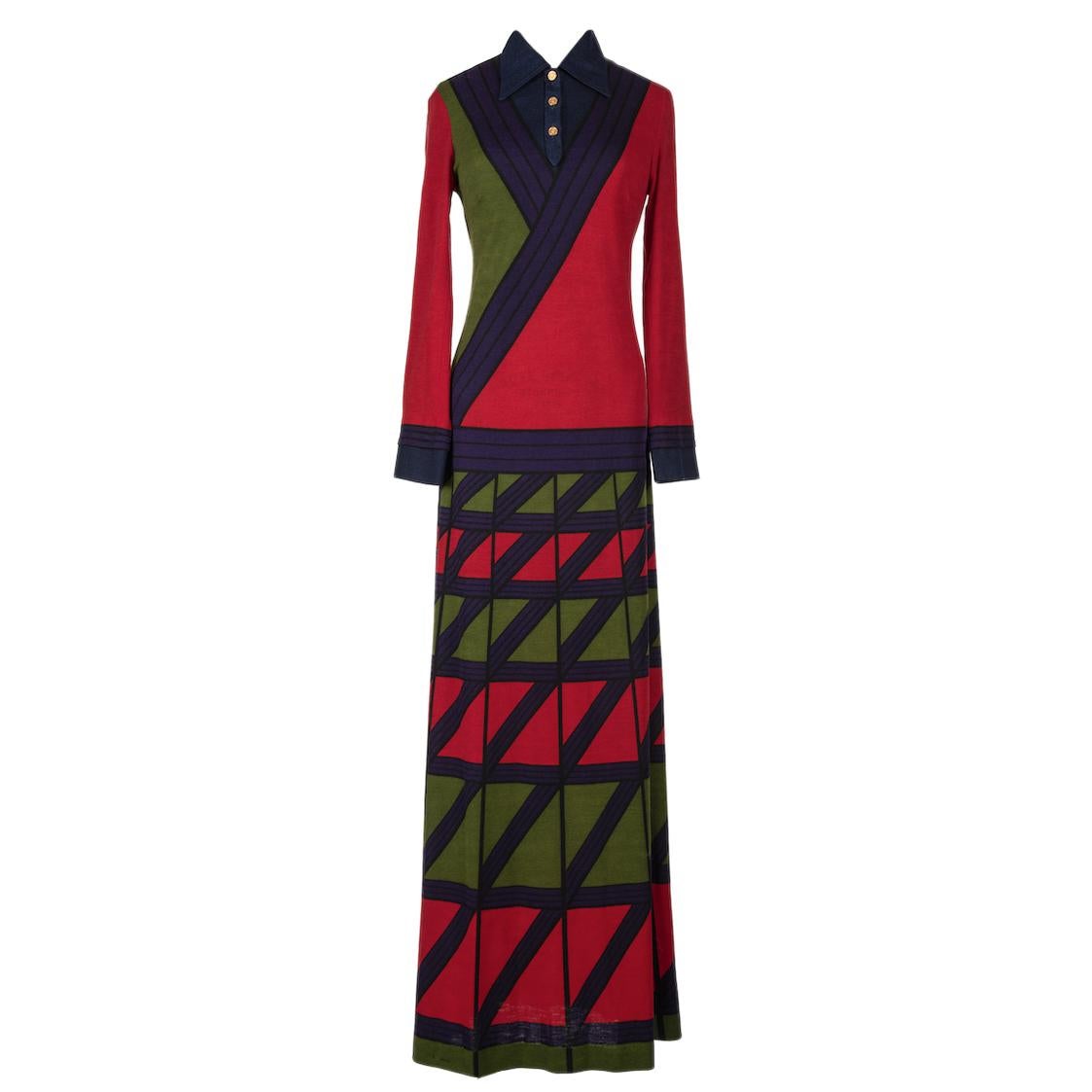 1970s Roberta di Camerino "Zig Zag" Trompe l'Oeil Red Green Blue Wool Maxi Dress