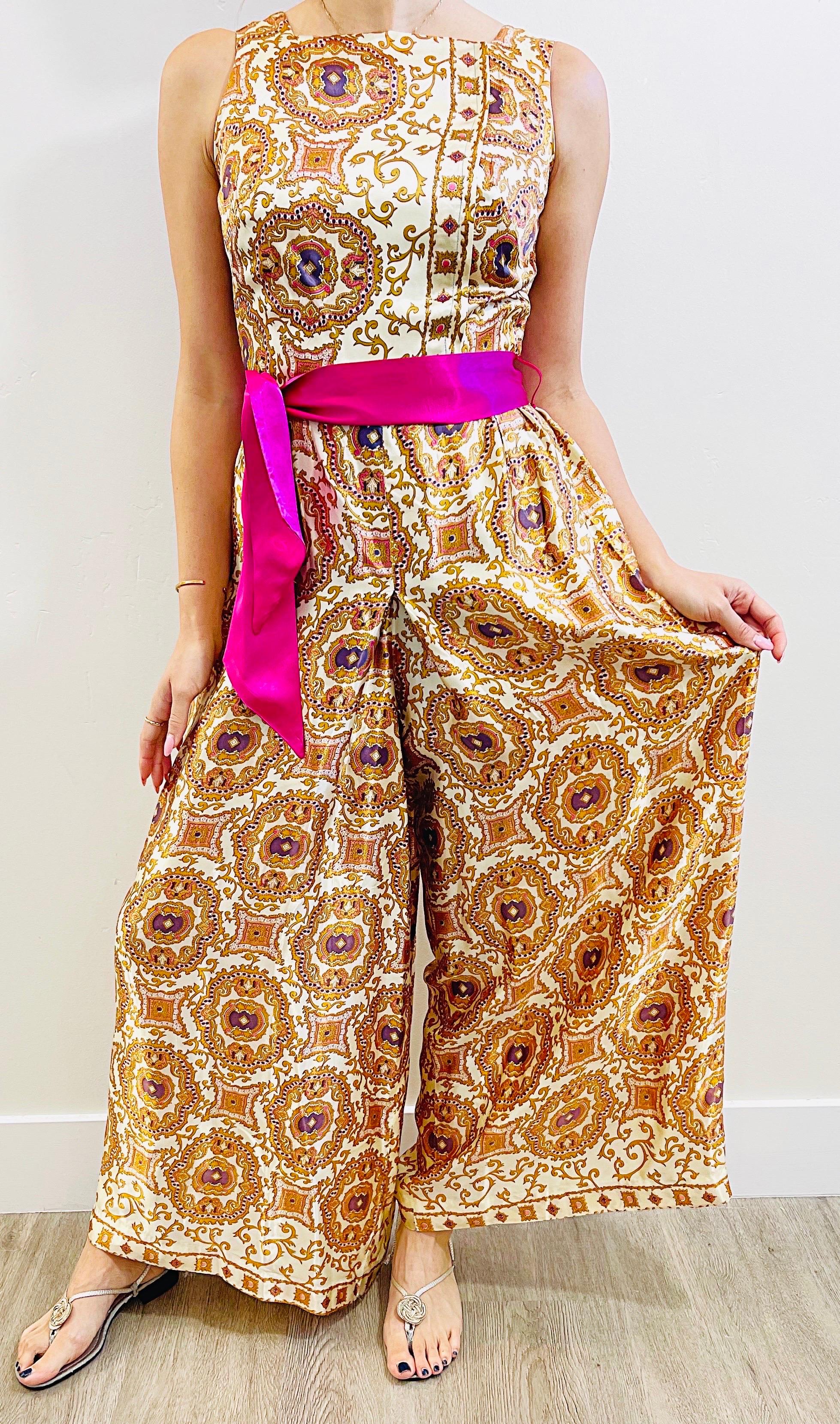 1970s Roberta Lynn Regal Paisley Silky Wide Leg Belted Vintage 70s Jumpsuit For Sale 12