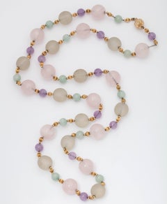 1970s Rock Crystal and Amethyst with Jade Beads Long Gold Chain Necklace