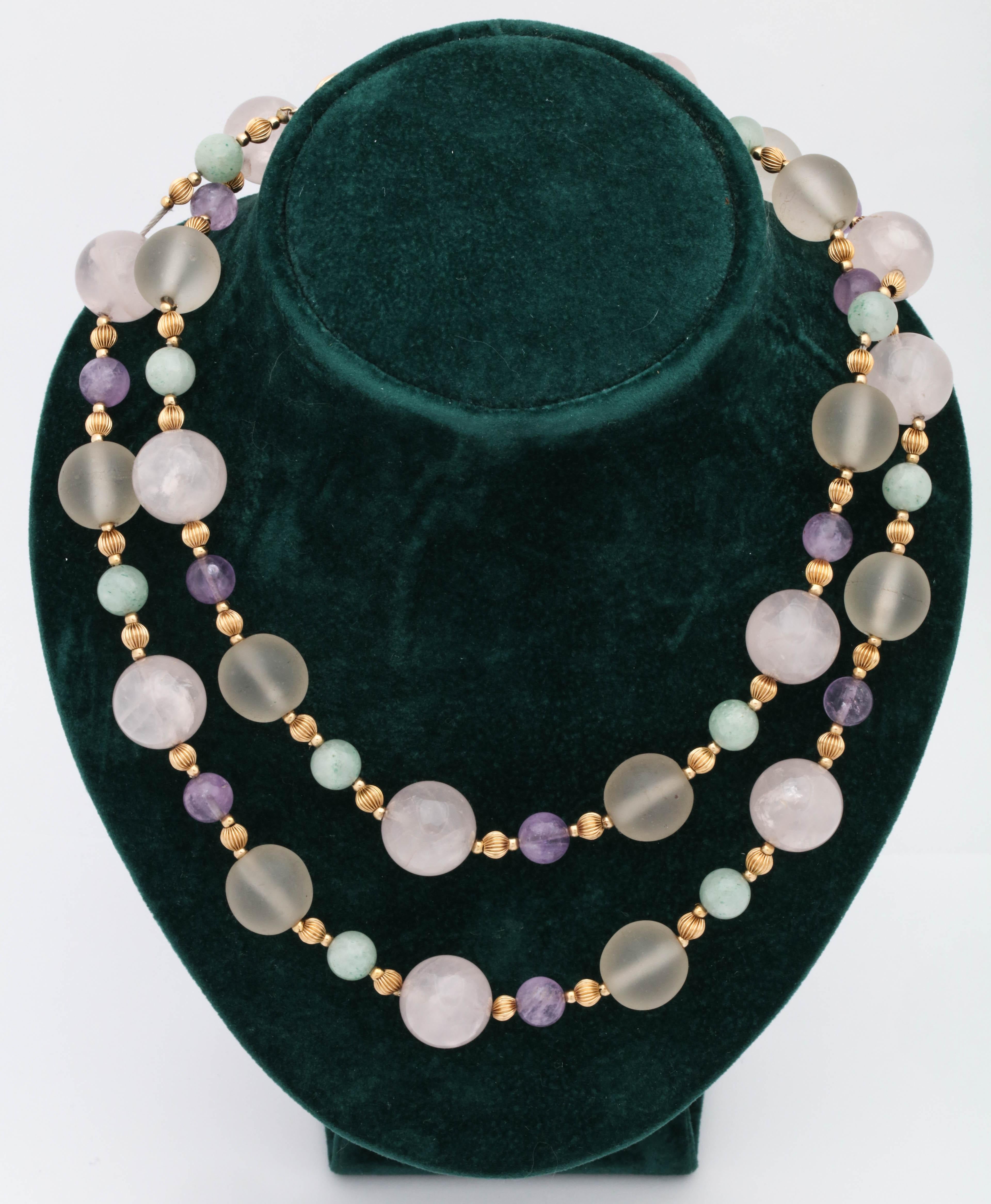 1970s Rock Crystal and Amethyst with Jade Beads Long Gold Chain Necklace In Good Condition For Sale In New York, NY