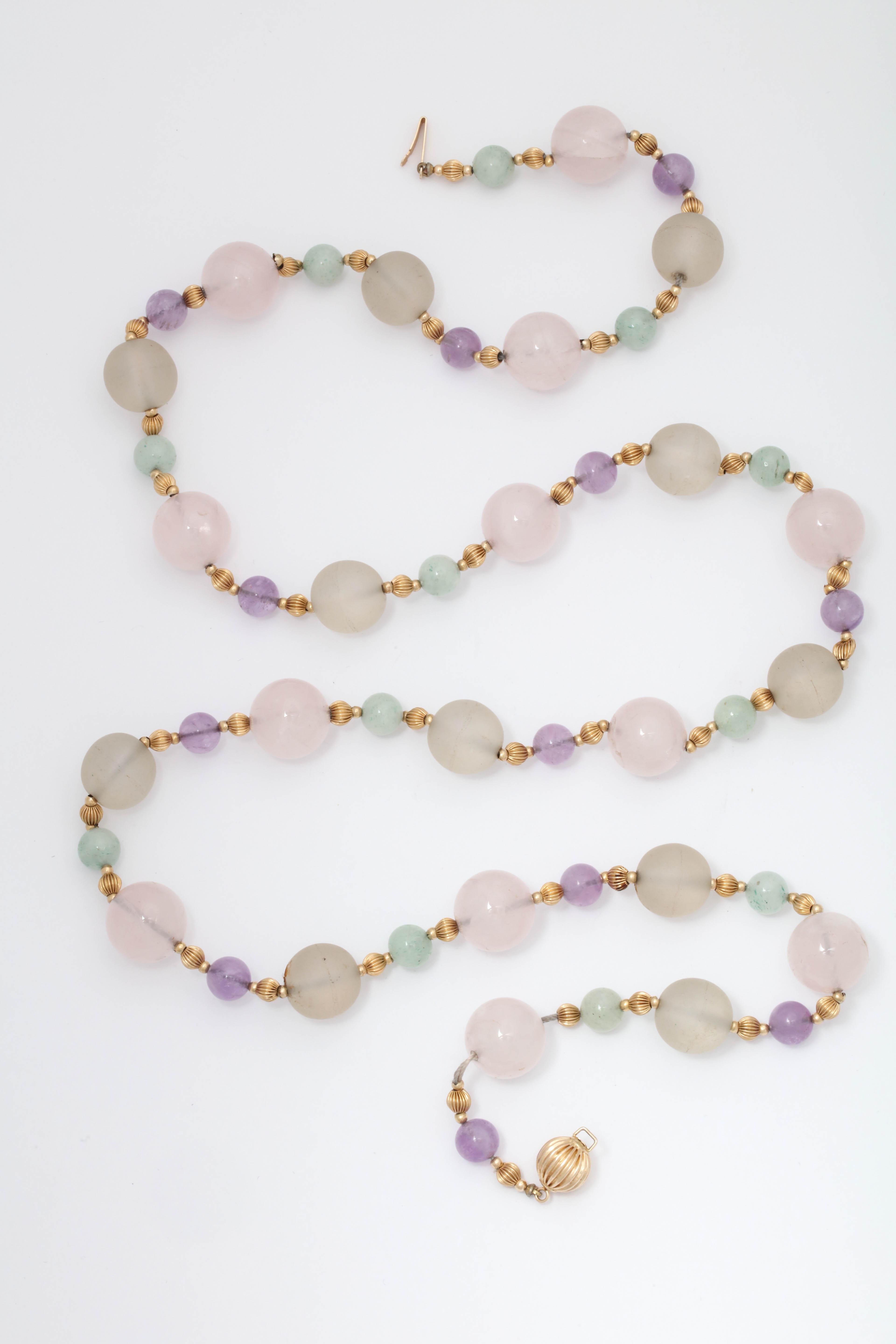 Women's 1970s Rock Crystal and Amethyst with Jade Beads Long Gold Chain Necklace For Sale