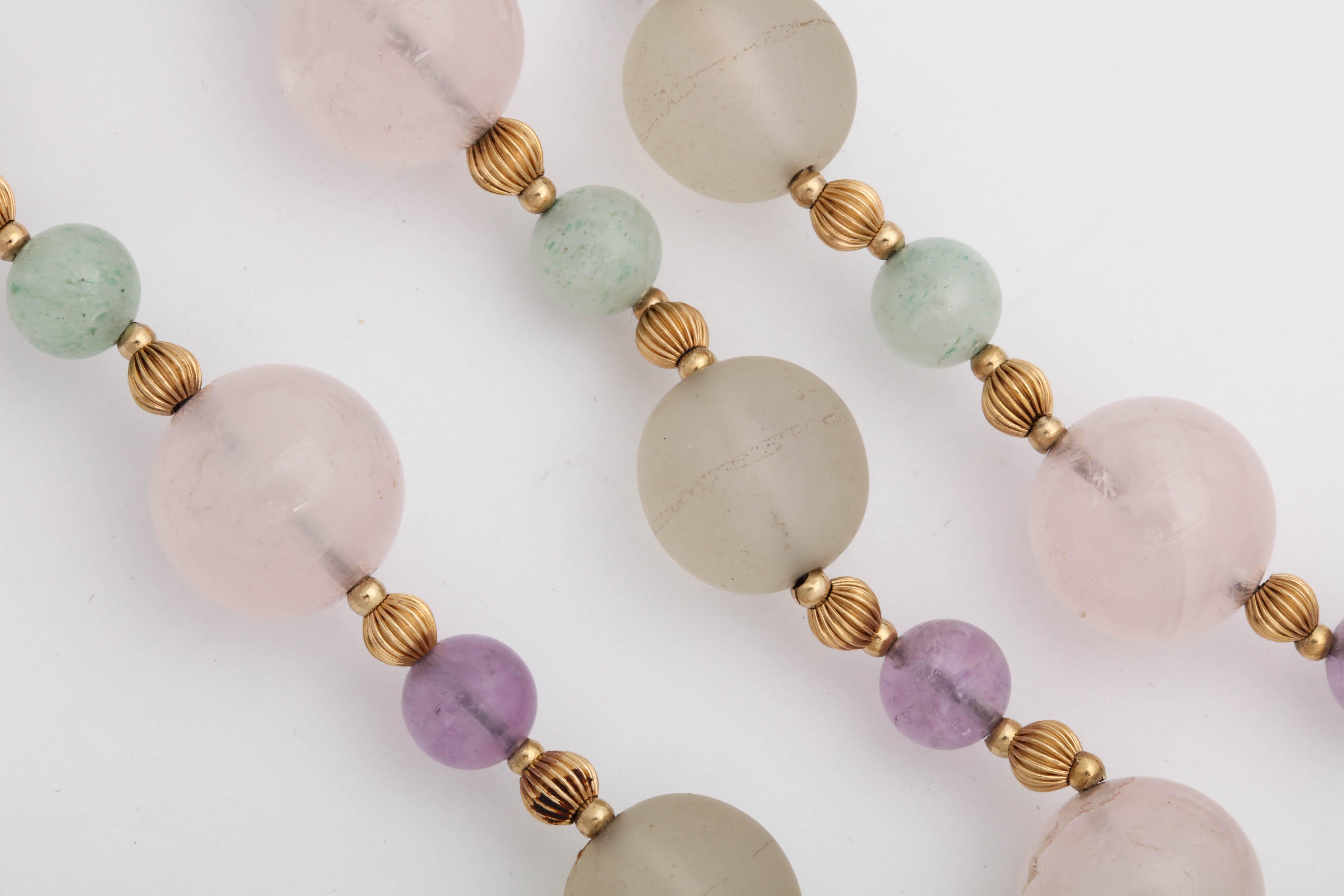 1970s Rock Crystal and Amethyst with Jade Beads Long Gold Chain Necklace For Sale 1