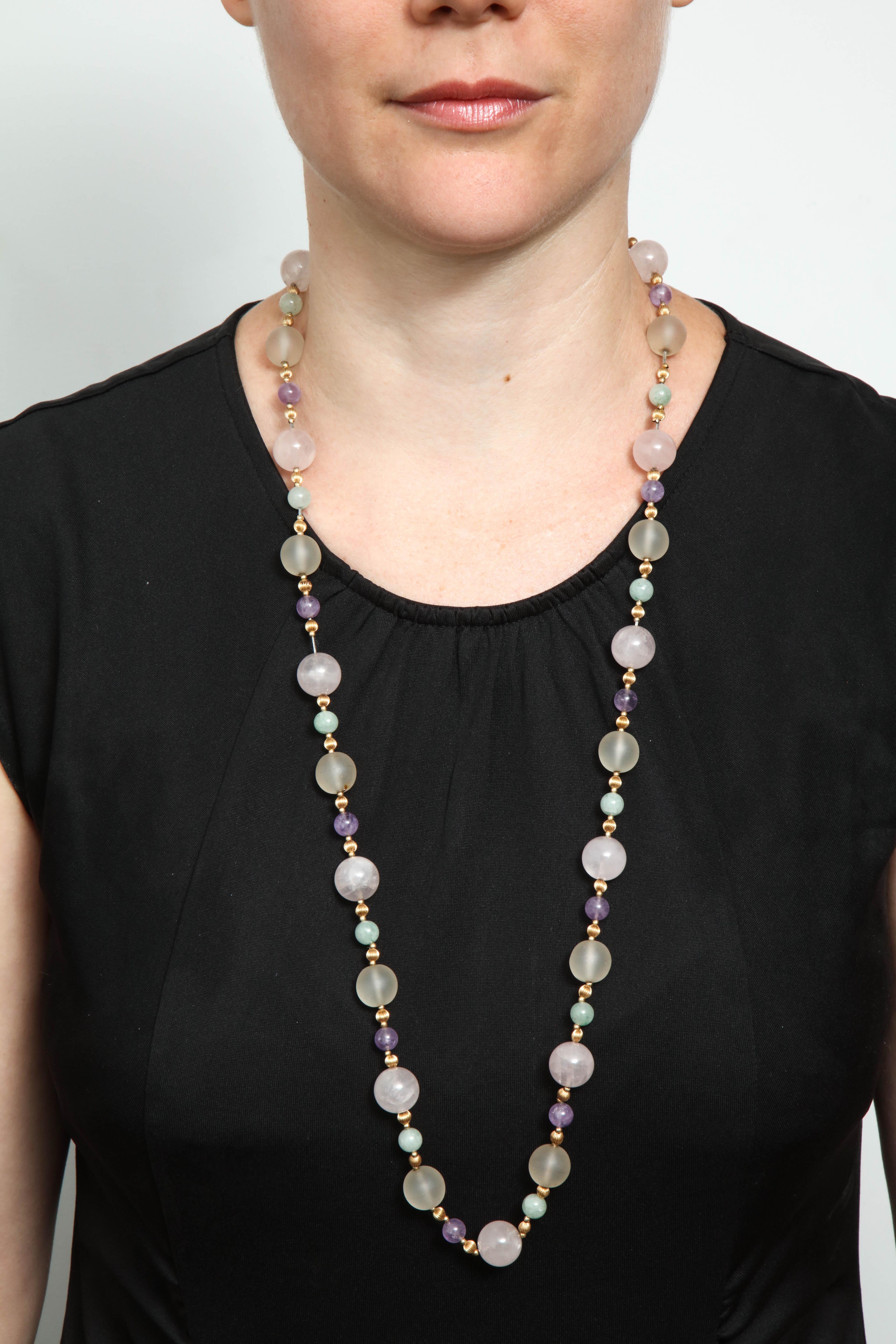 1970s Rock Crystal and Amethyst with Jade Beads Long Gold Chain Necklace For Sale 5