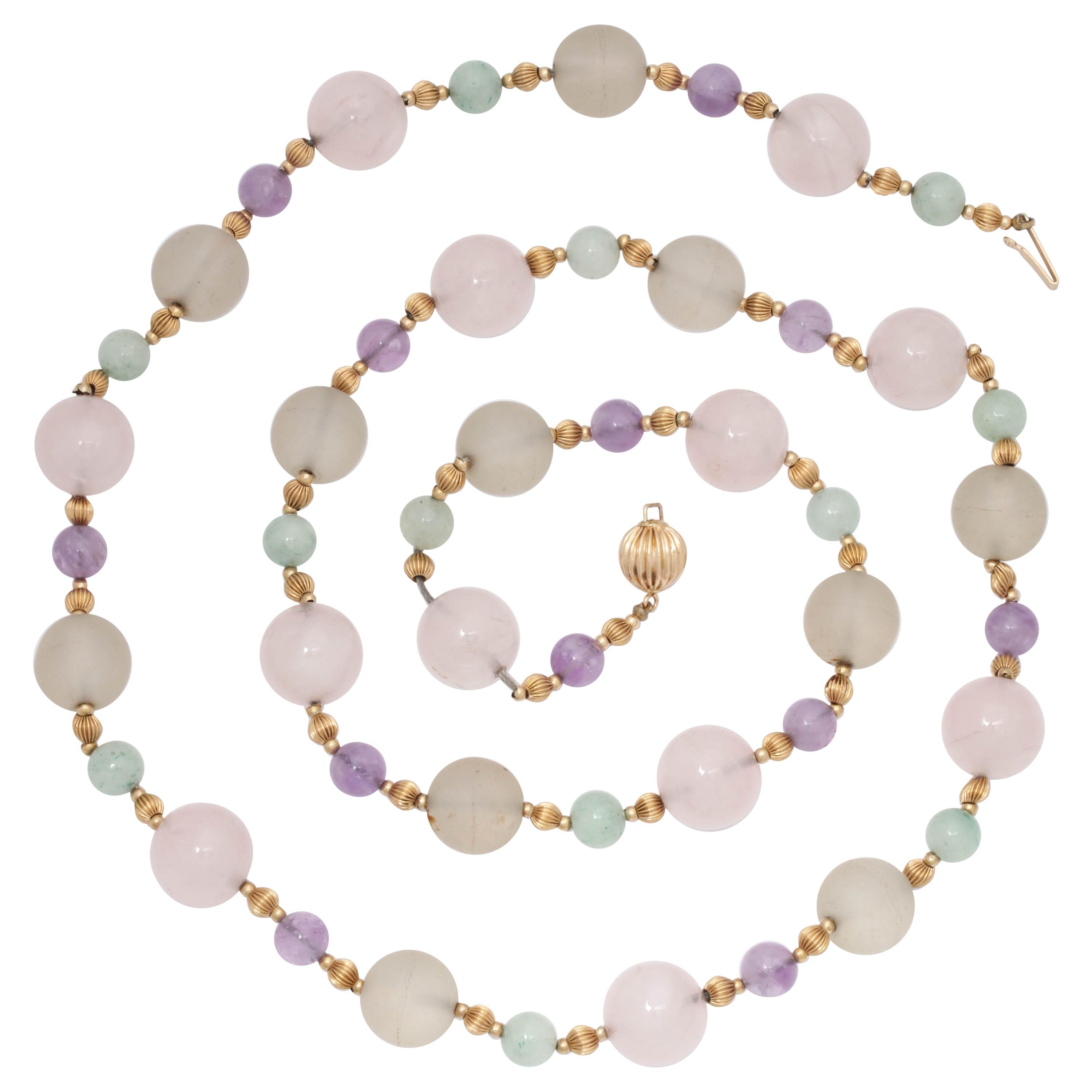 1970s Rock Crystal and Amethyst with Jade Beads Long Gold Chain Necklace For Sale