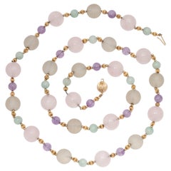 1970s Rock Crystal and Amethyst with Jade Beads Long Gold Chain Necklace