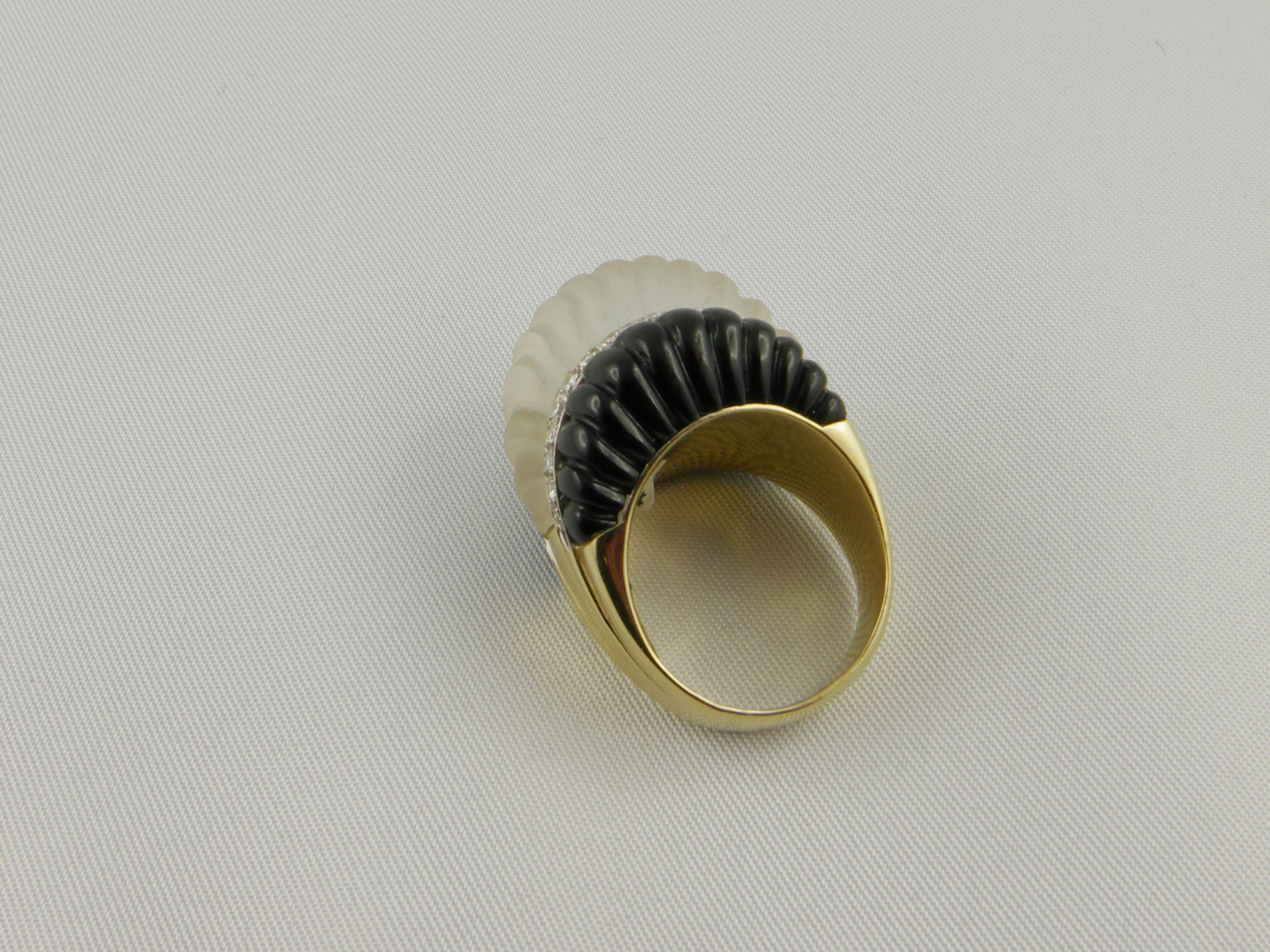 Women's 1970s Rock Crystal, Onyx, Diamond and Yellow Gold Ring For Sale