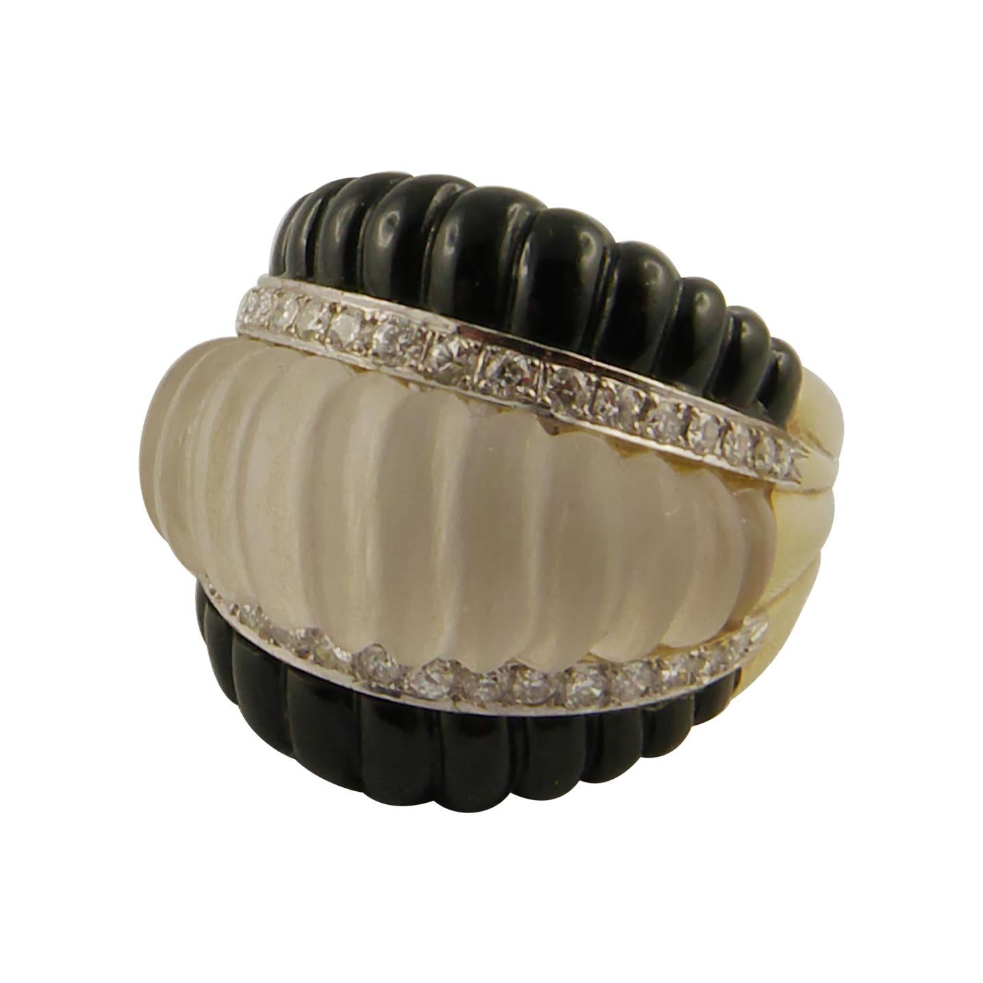1970s Rock Crystal, Onyx, Diamond and Yellow Gold Ring