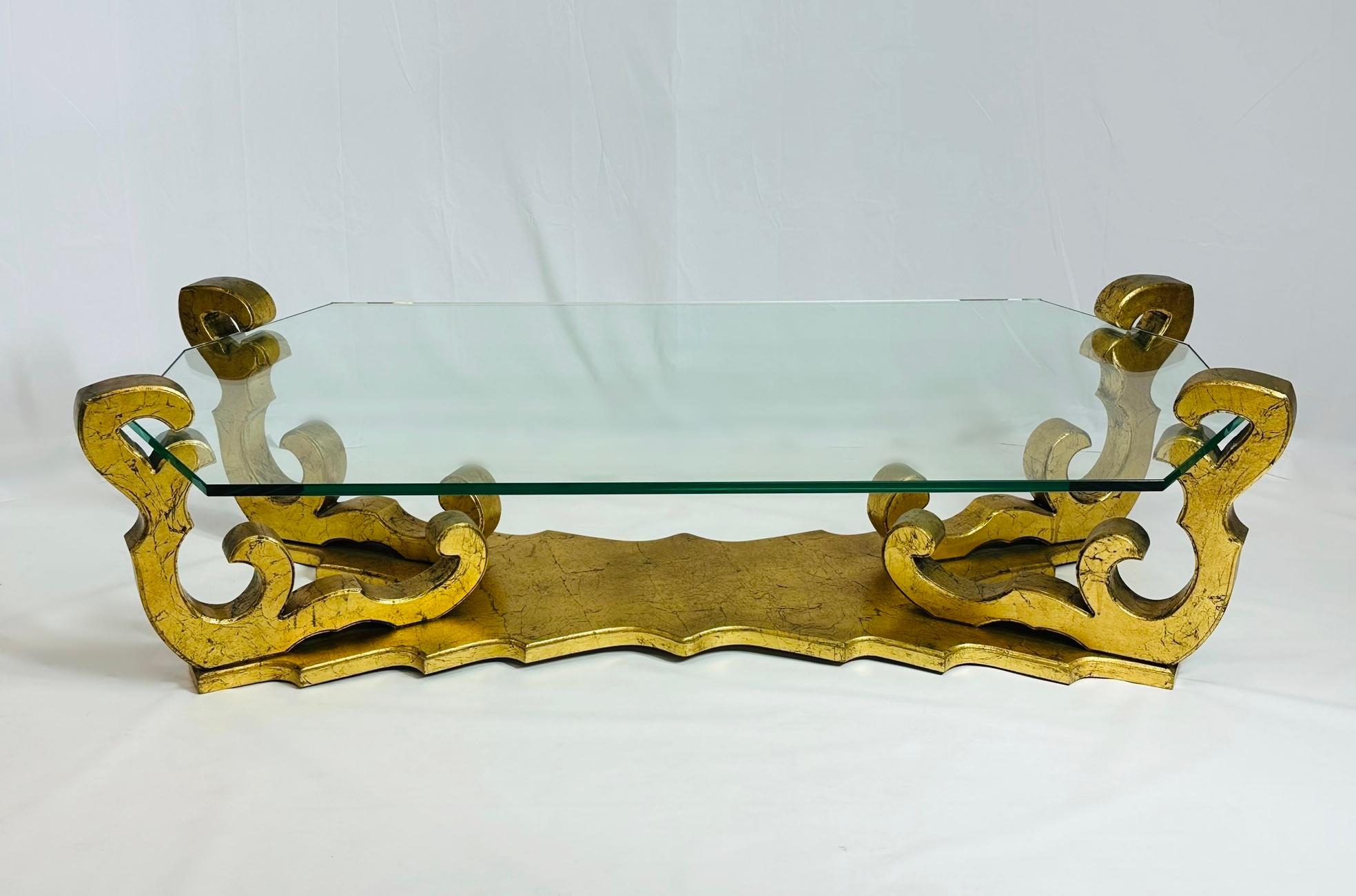 American 1970's Rococo Gilt Coffee Table with an Octagonal Glass Top.