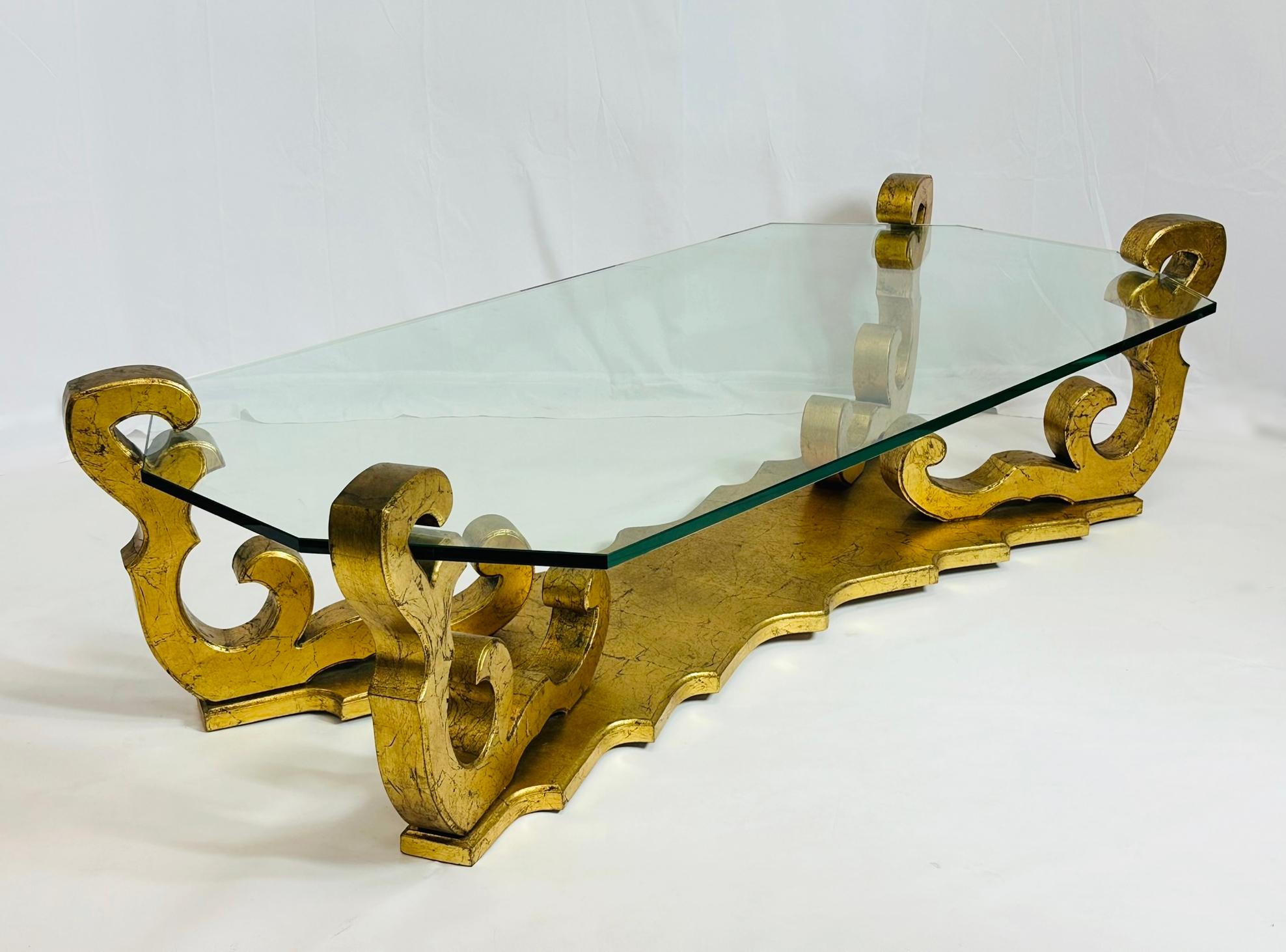Hand-Crafted 1970's Rococo Gilt Coffee Table with an Octagonal Glass Top.
