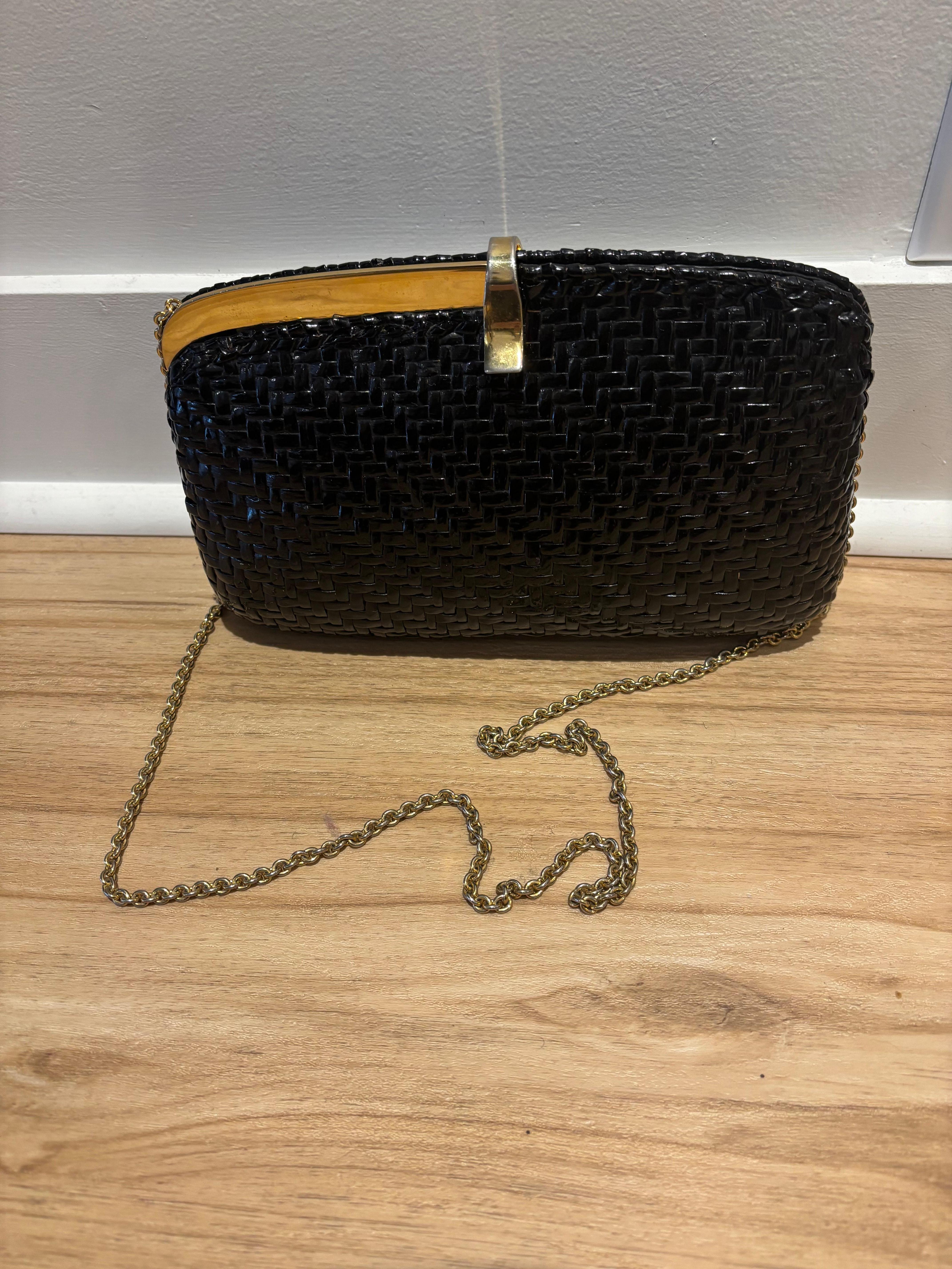 Nero Borsa in vimini nera di Rodo degli anni '70 in vendita