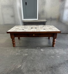 1970s Roger Capron Style Wood Ceramic Stone Tiles Coffee Table