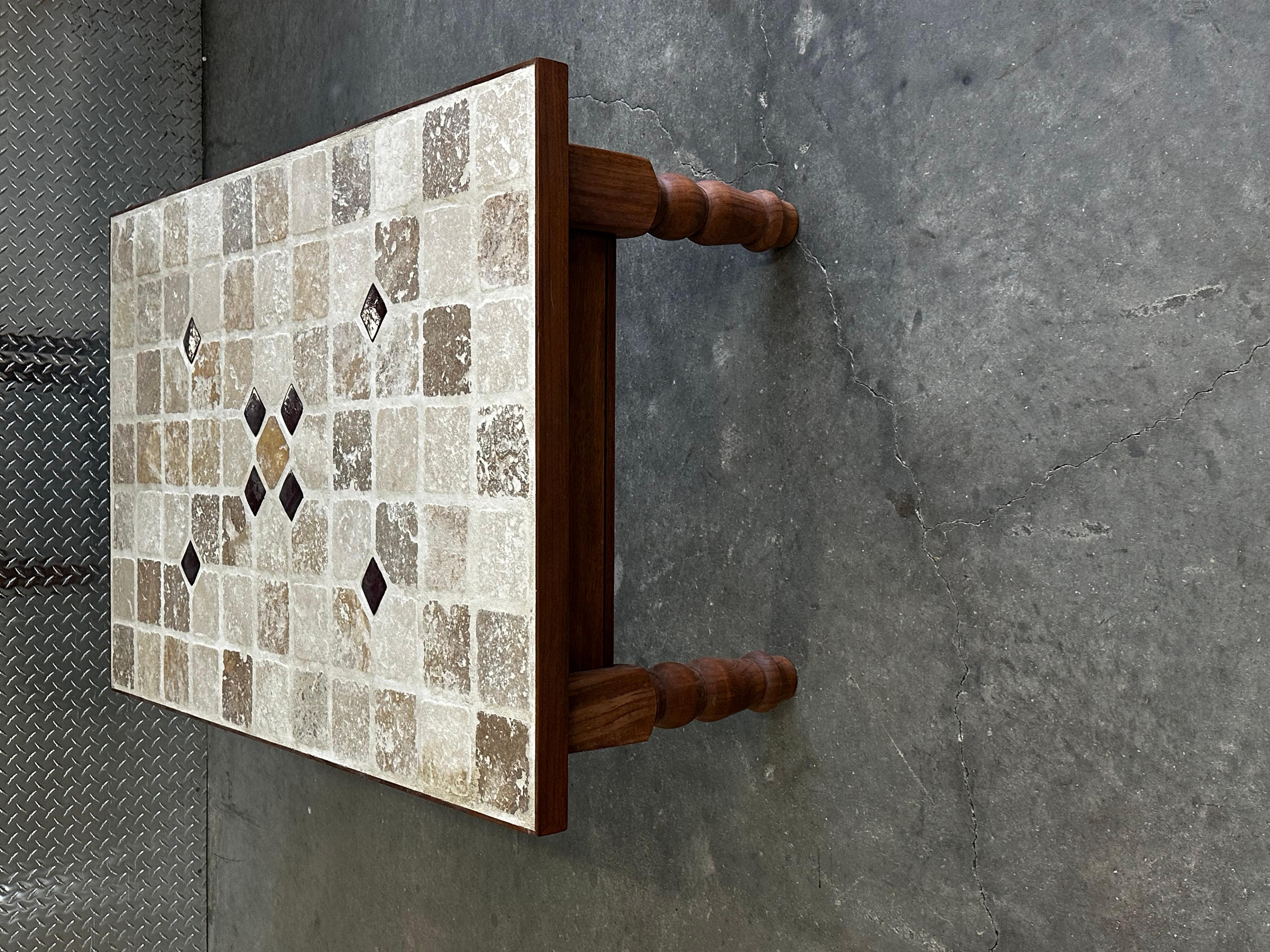 1970s Roger Capron Style Wood Ceramic Stone Tiles Coffee Table in vendita 1