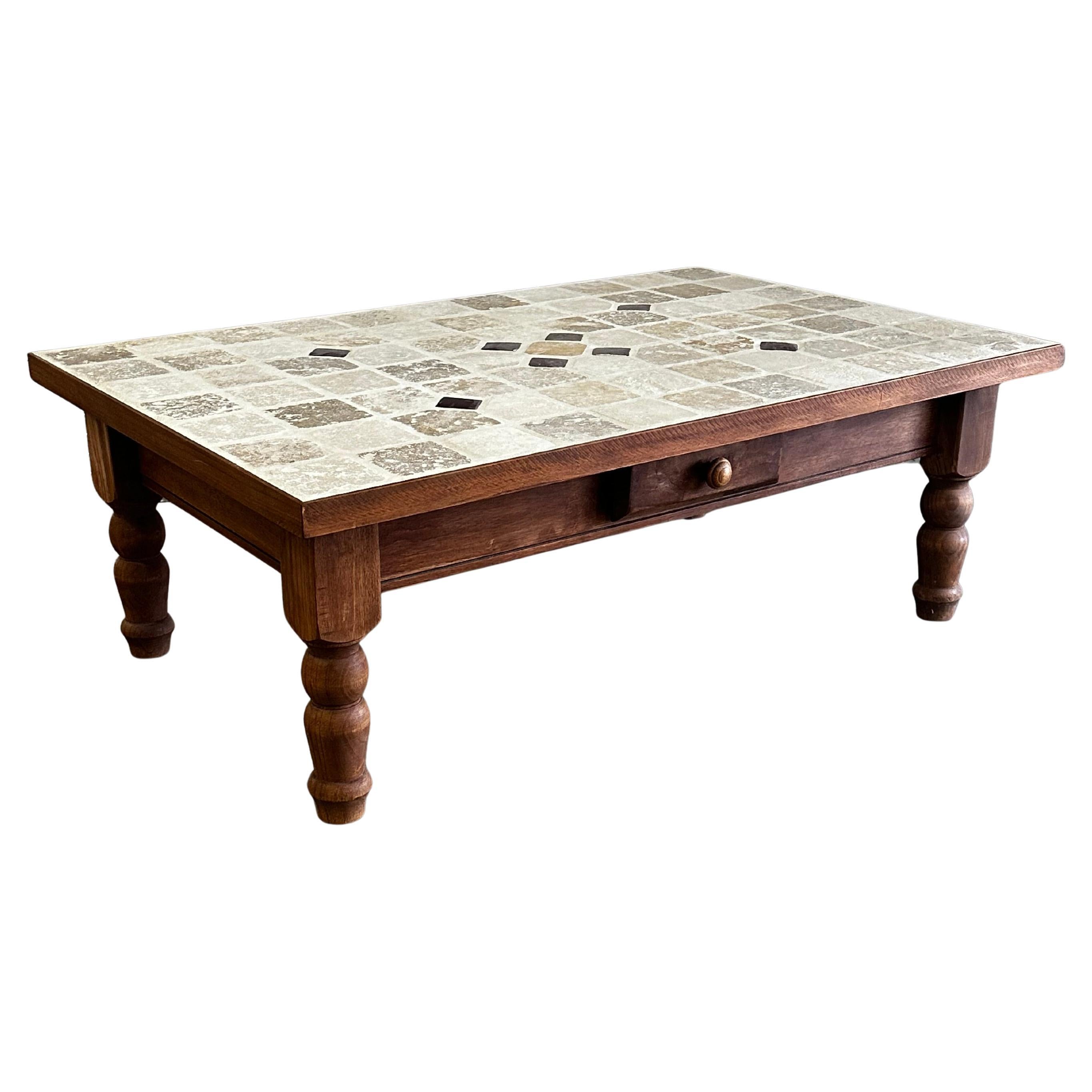 1970s Roger Capron Style Wood Ceramic Stone Tiles Coffee Table in vendita