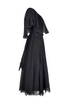 1970s Roland Klein Black Pleated Chiffon Cocktail Dress