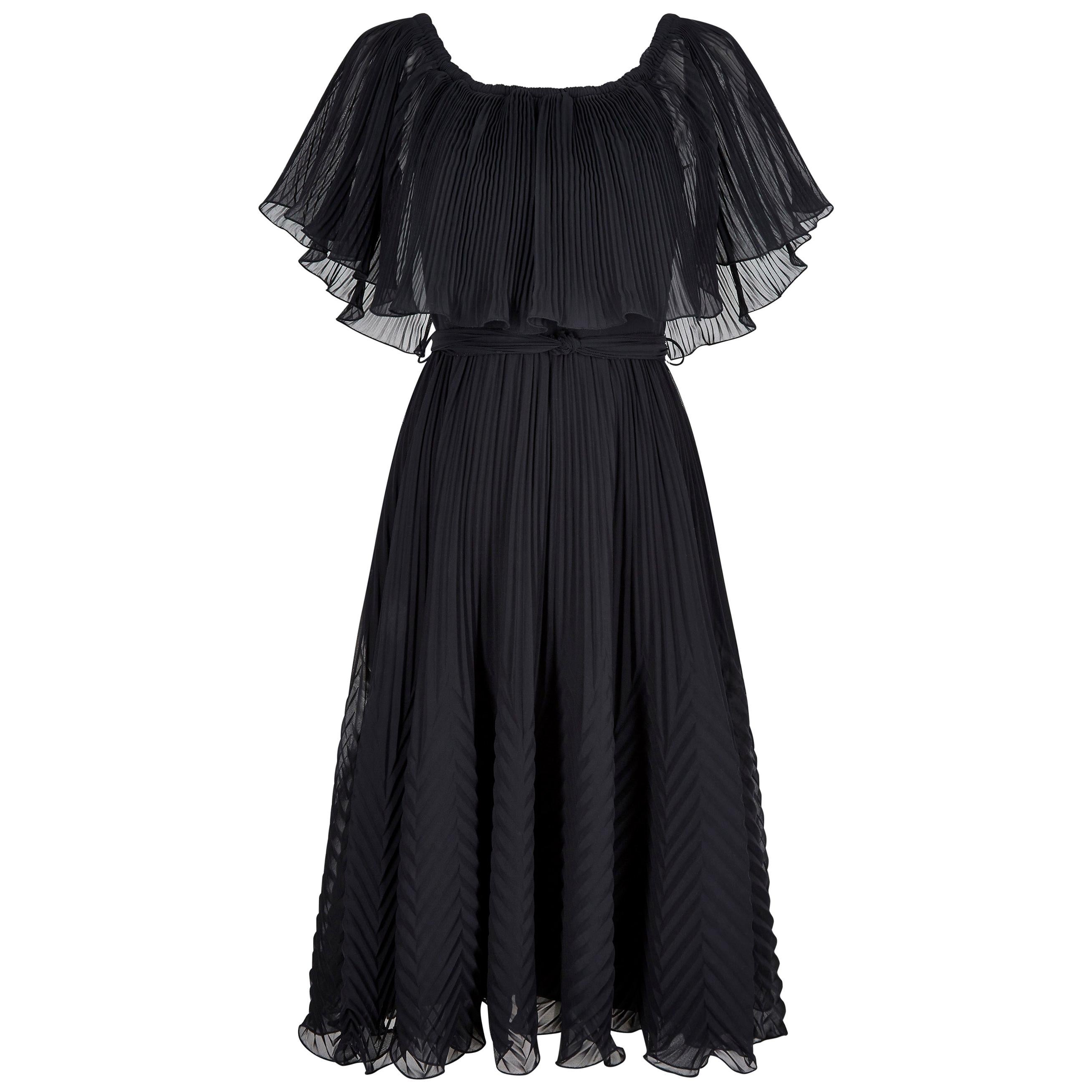 1970s Roland Klein Black Pleated Chiffon Cocktail Dress at 1stDibs