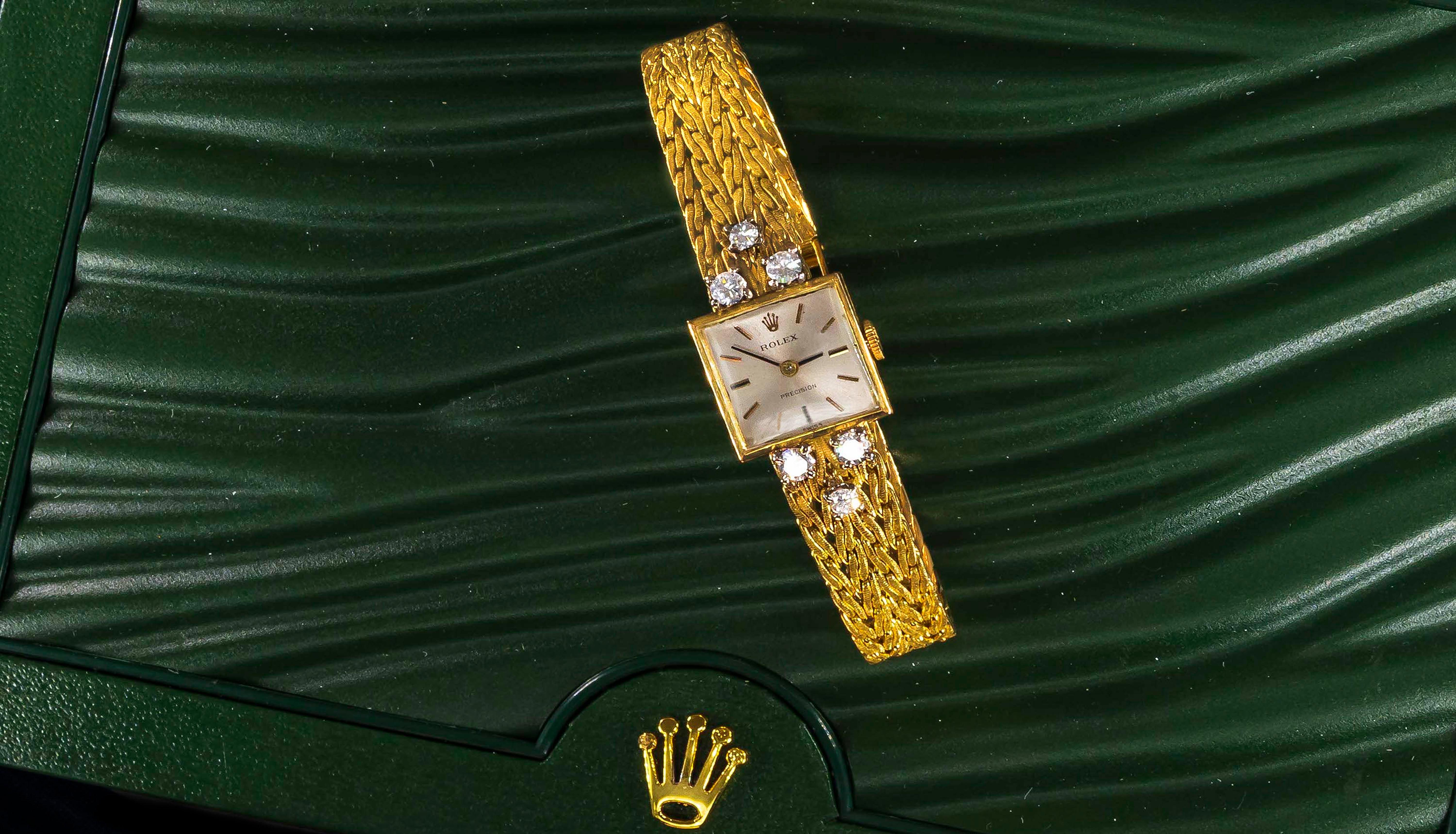 Women's or Men's 1970s Rolex 18 Karat Yellow Gold Diamond Set Foliate Leaf Design Bracelet Watch