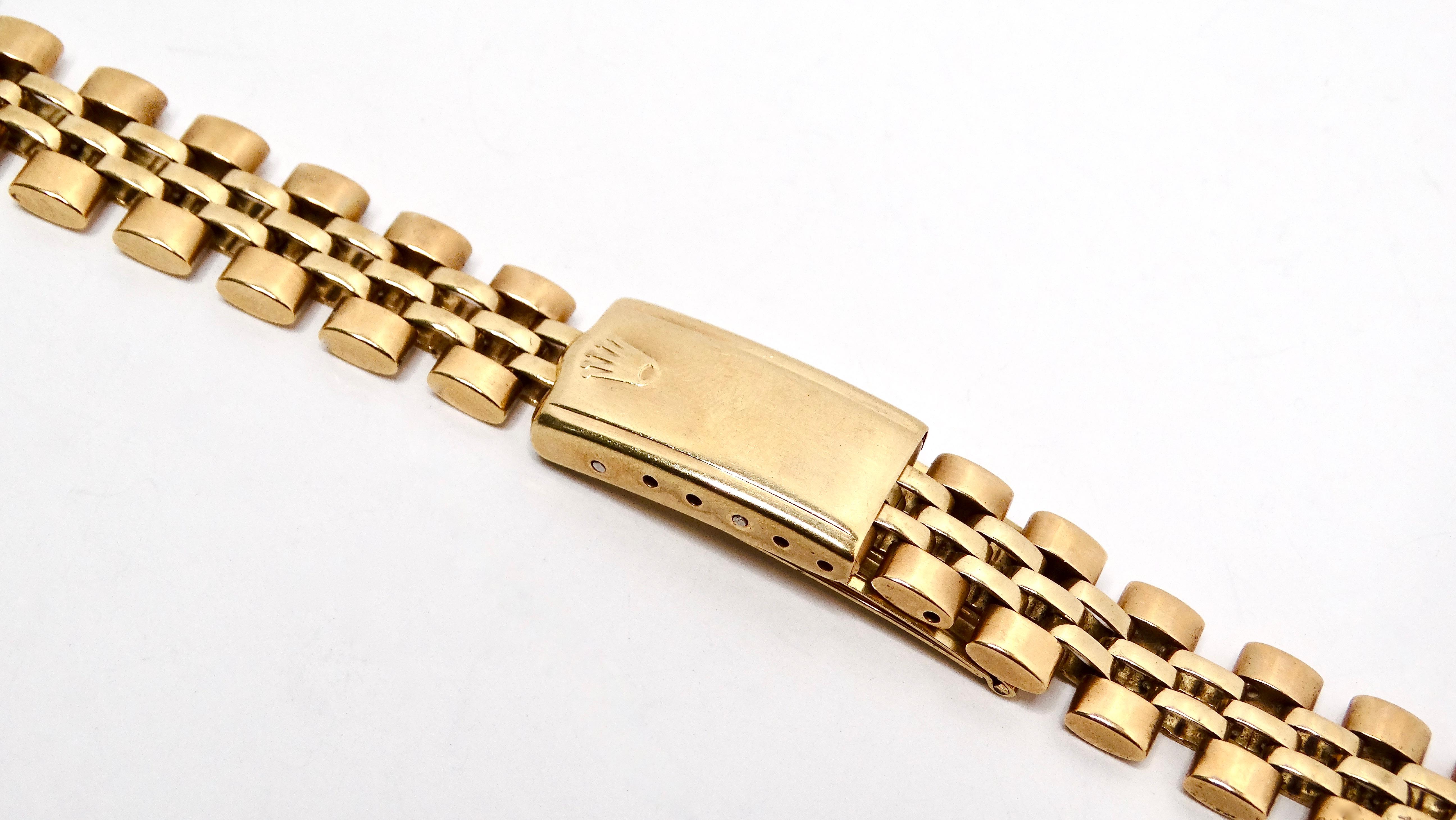The 1970s Rolex 14mm Jubilee 14k Yellow Gold Wrist Watch Band is an exquisite piece that embodies the quality and elegance synonymous with the Rolex brand. Crafted from luxurious 18k yellow gold, this band features an intricate Jubilee design that