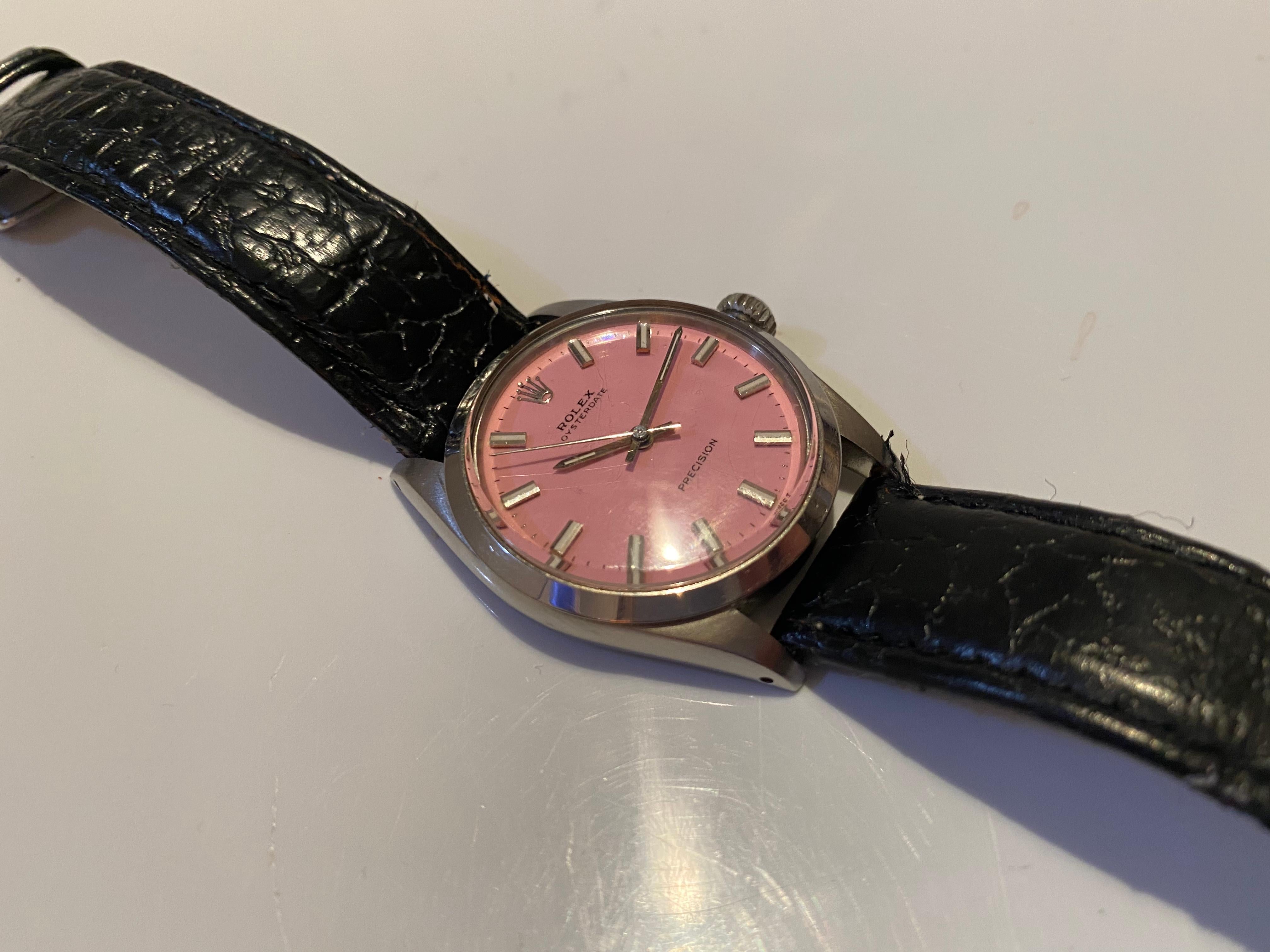1960s Rolex OysterDate Precision Pink Stainless Steel Watch In Good Condition In London, GB
