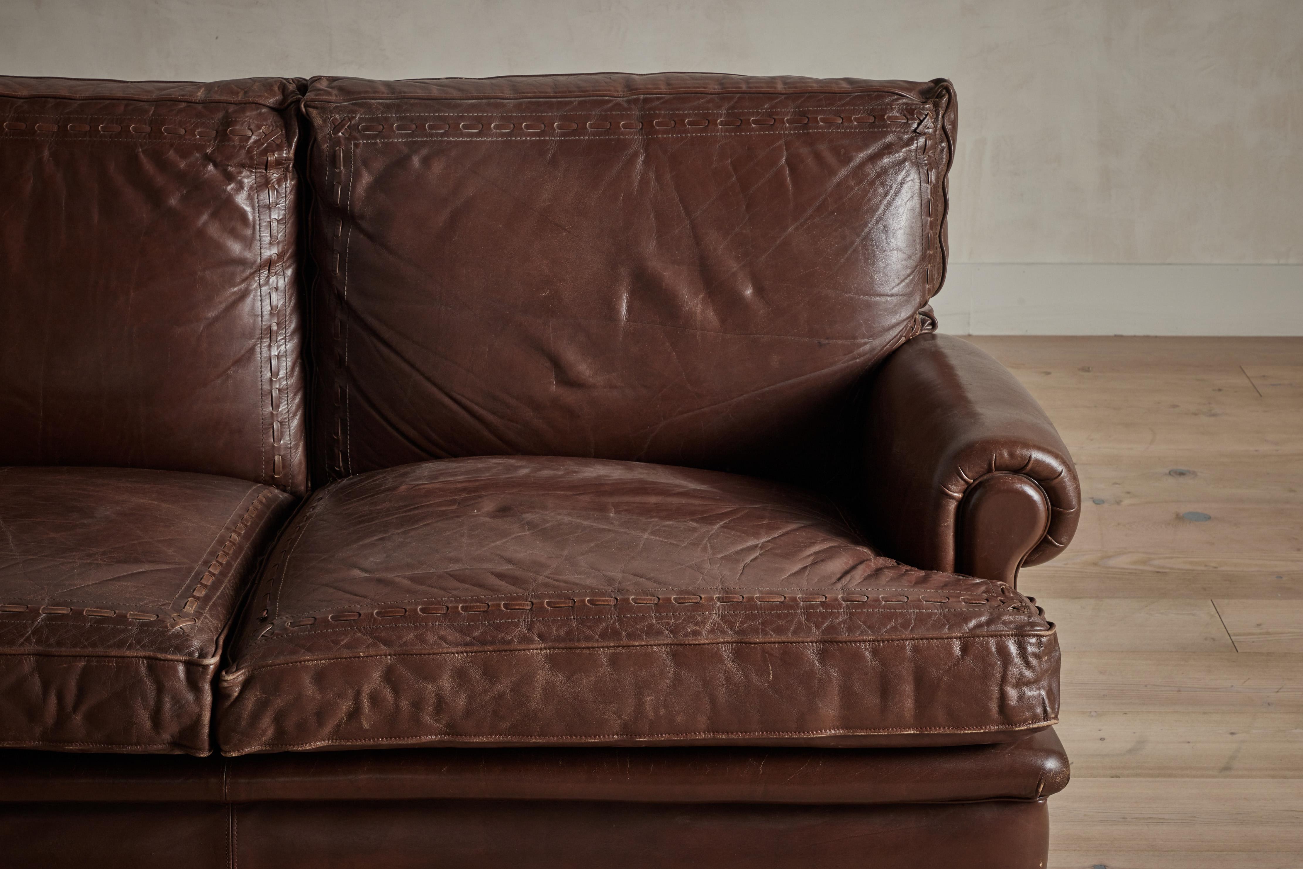 1970s Roll Arm Belgian Leather Sofa In Good Condition In Los Angeles, CA