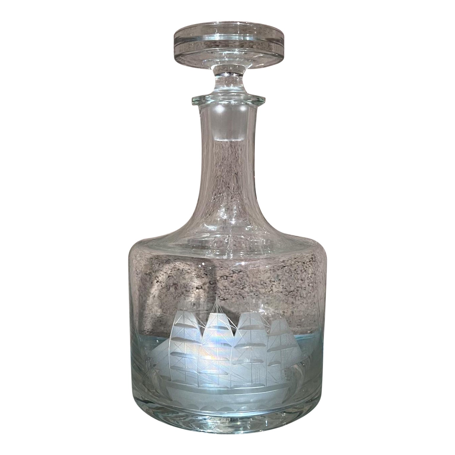 1970s Romania Etched Glass Decanter Clipper Sailboat