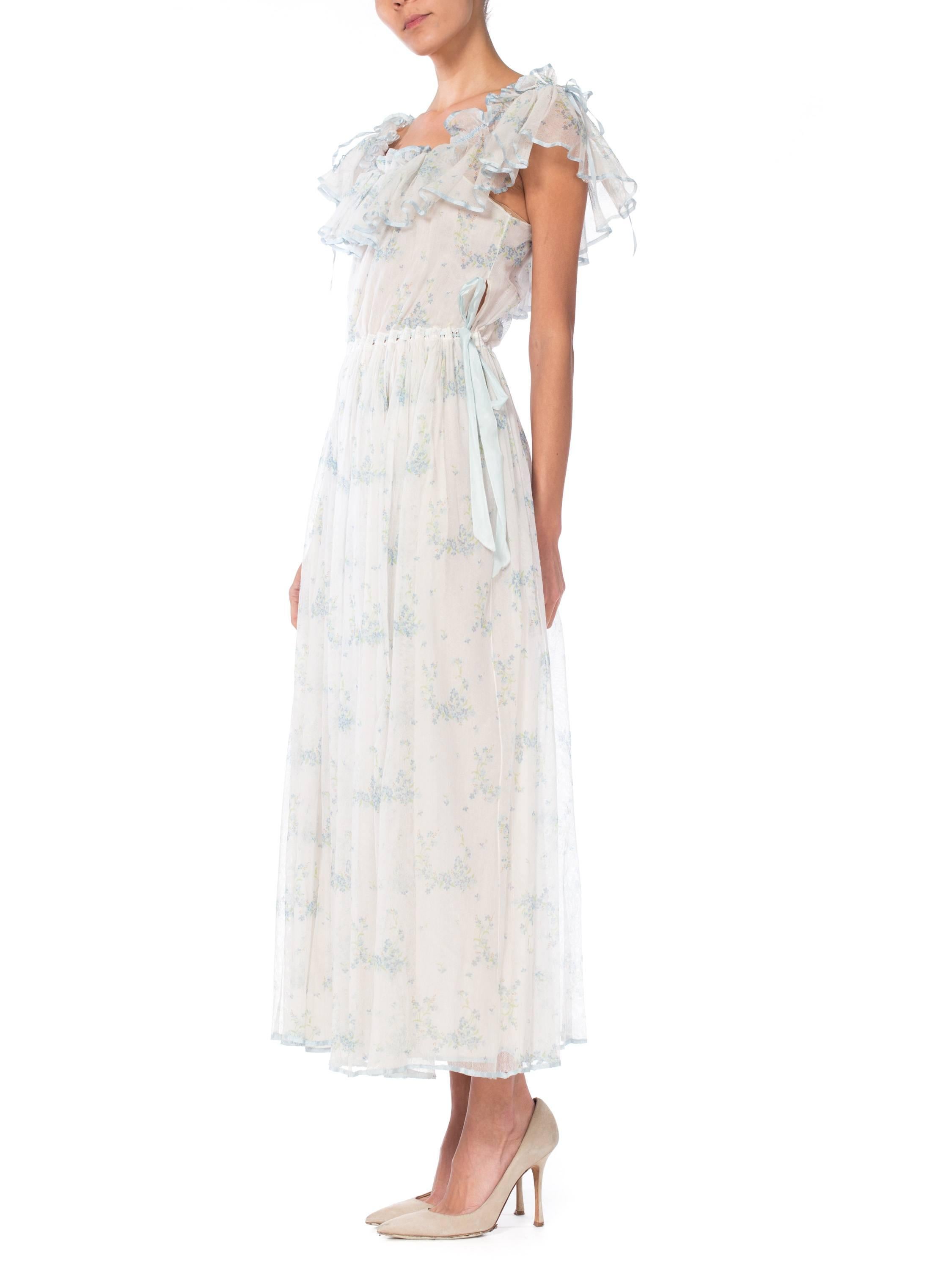 Gray 1970S Pale Blue Floral Printed Cotton Tulle Ruffled Maxi Dress Lined In Silk For Sale
