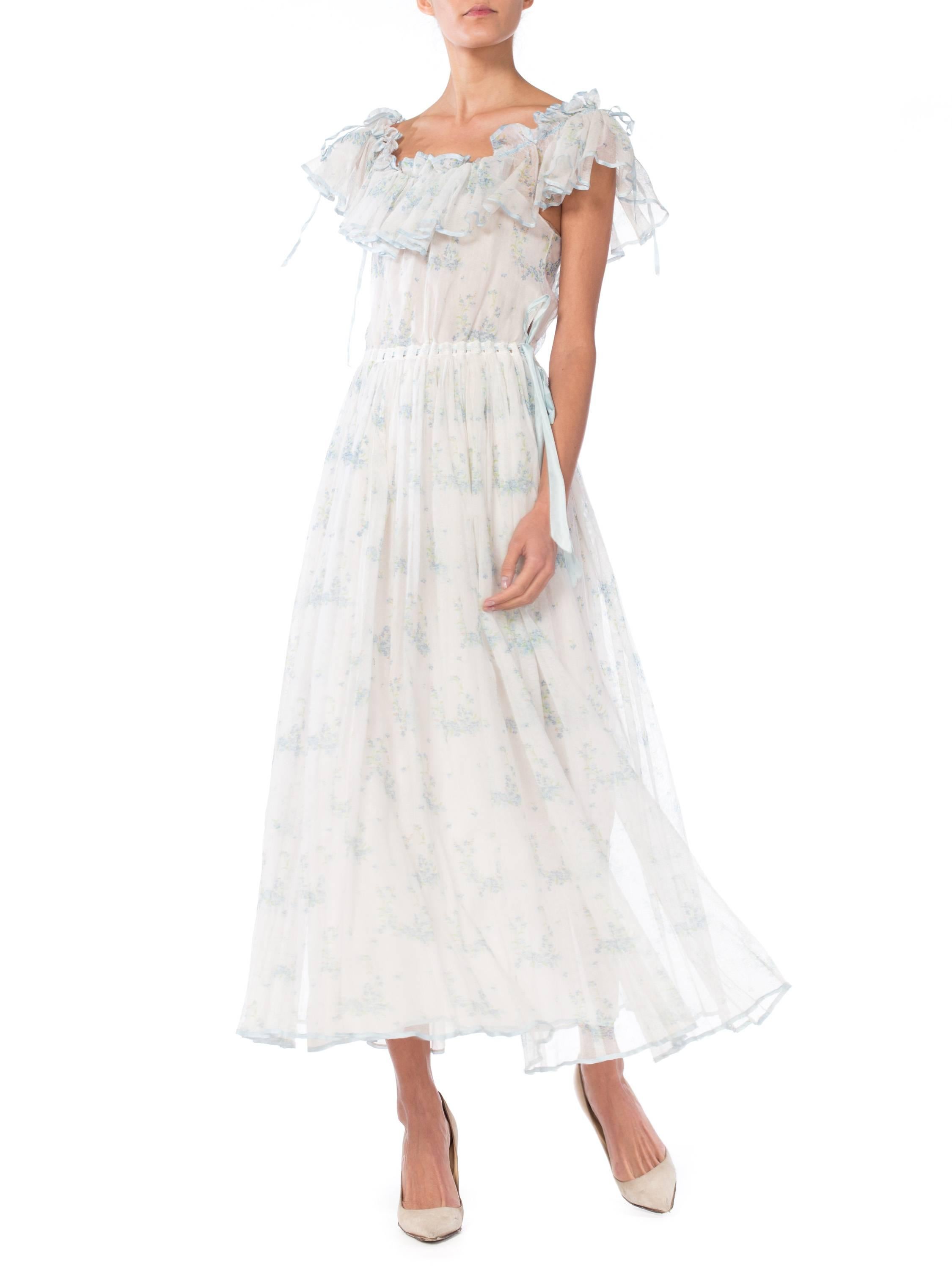 Women's 1970S Pale Blue Floral Printed Cotton Tulle Ruffled Maxi Dress Lined In Silk For Sale