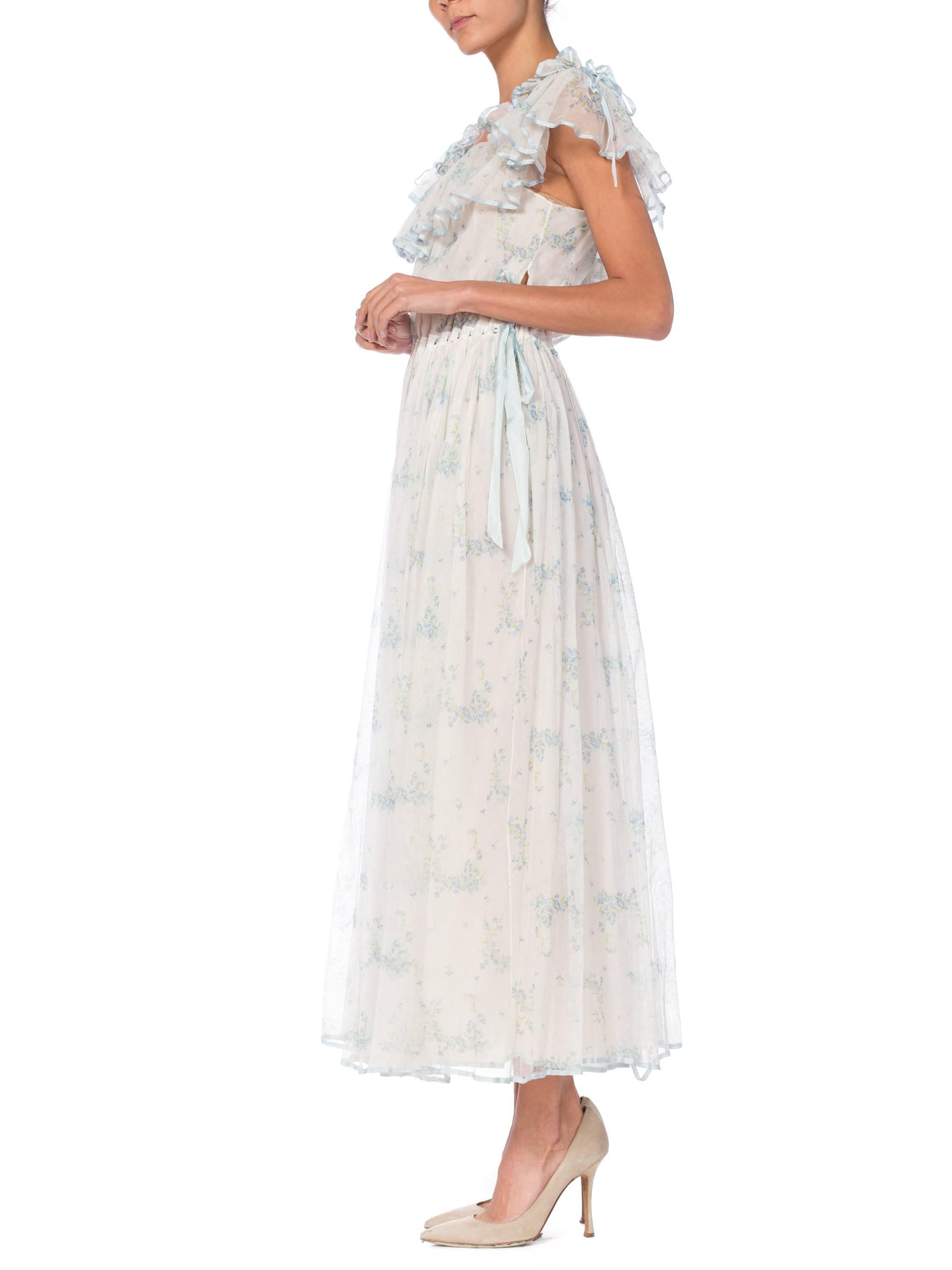 1970S Pale Blue Floral Printed Cotton Tulle Ruffled Maxi Dress Lined In Silk For Sale 2