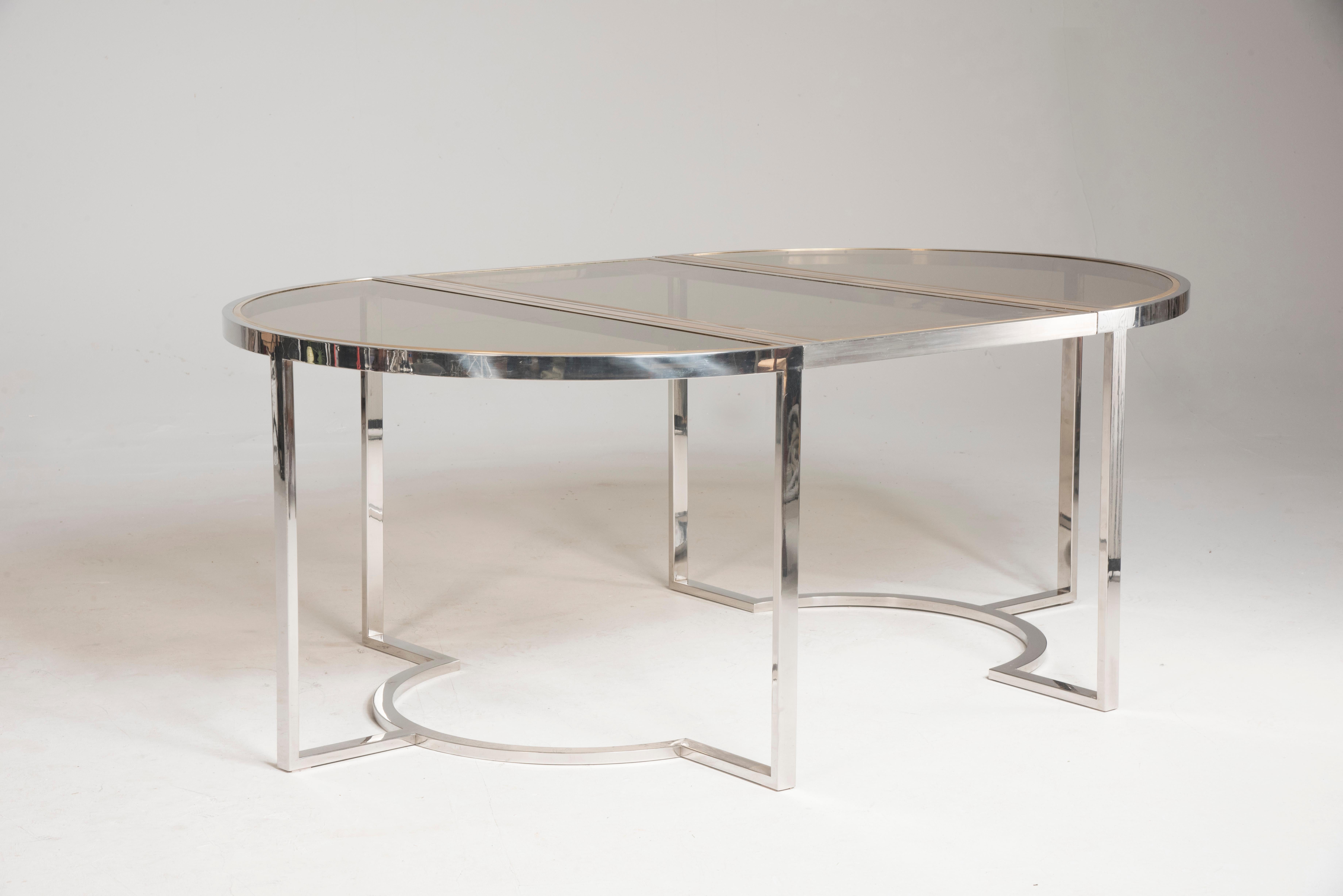 1970s Chromed and Brass Smoked Glass Rounded Extendable Table Att. Romeo Rega 10