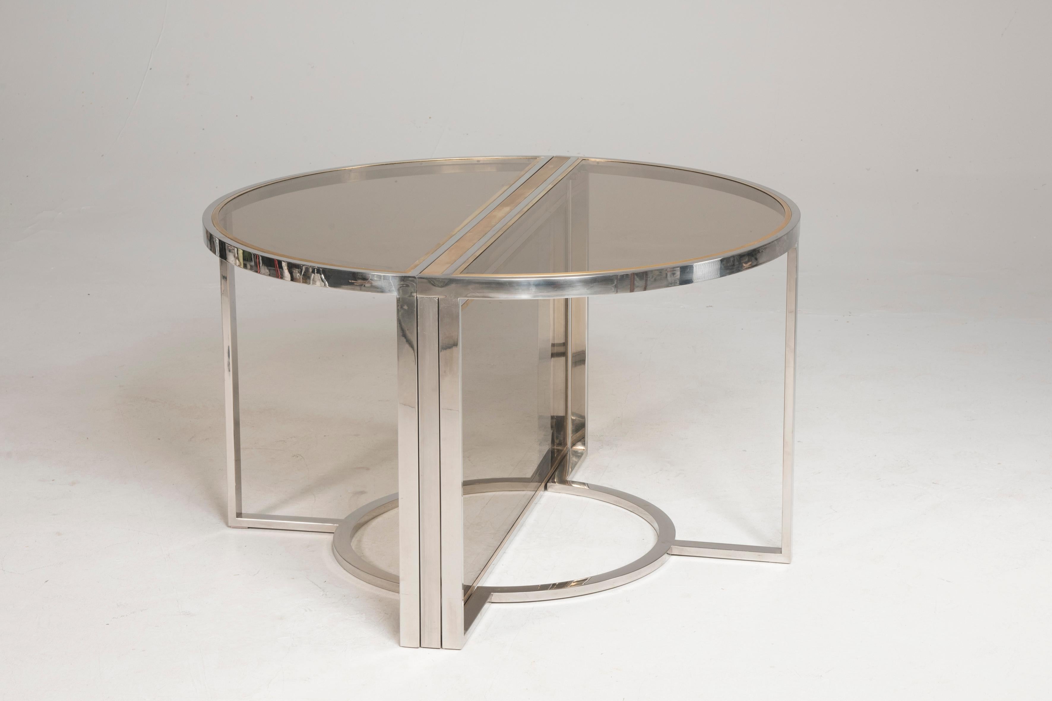 Modern 1970s Chromed and Brass Smoked Glass Rounded Extendable Table Att. Romeo Rega