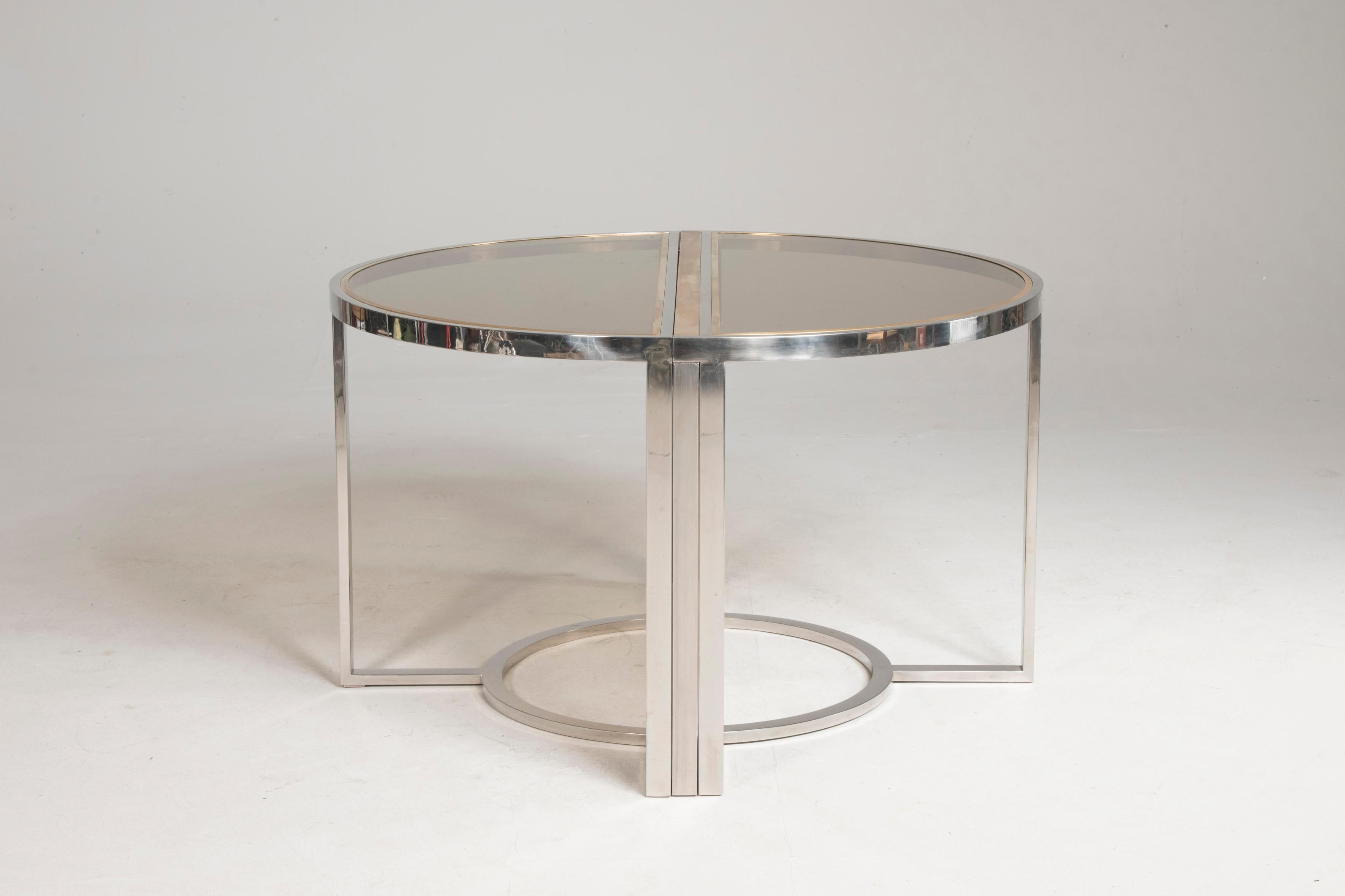 Italian 1970s Chromed and Brass Smoked Glass Rounded Extendable Table Att. Romeo Rega