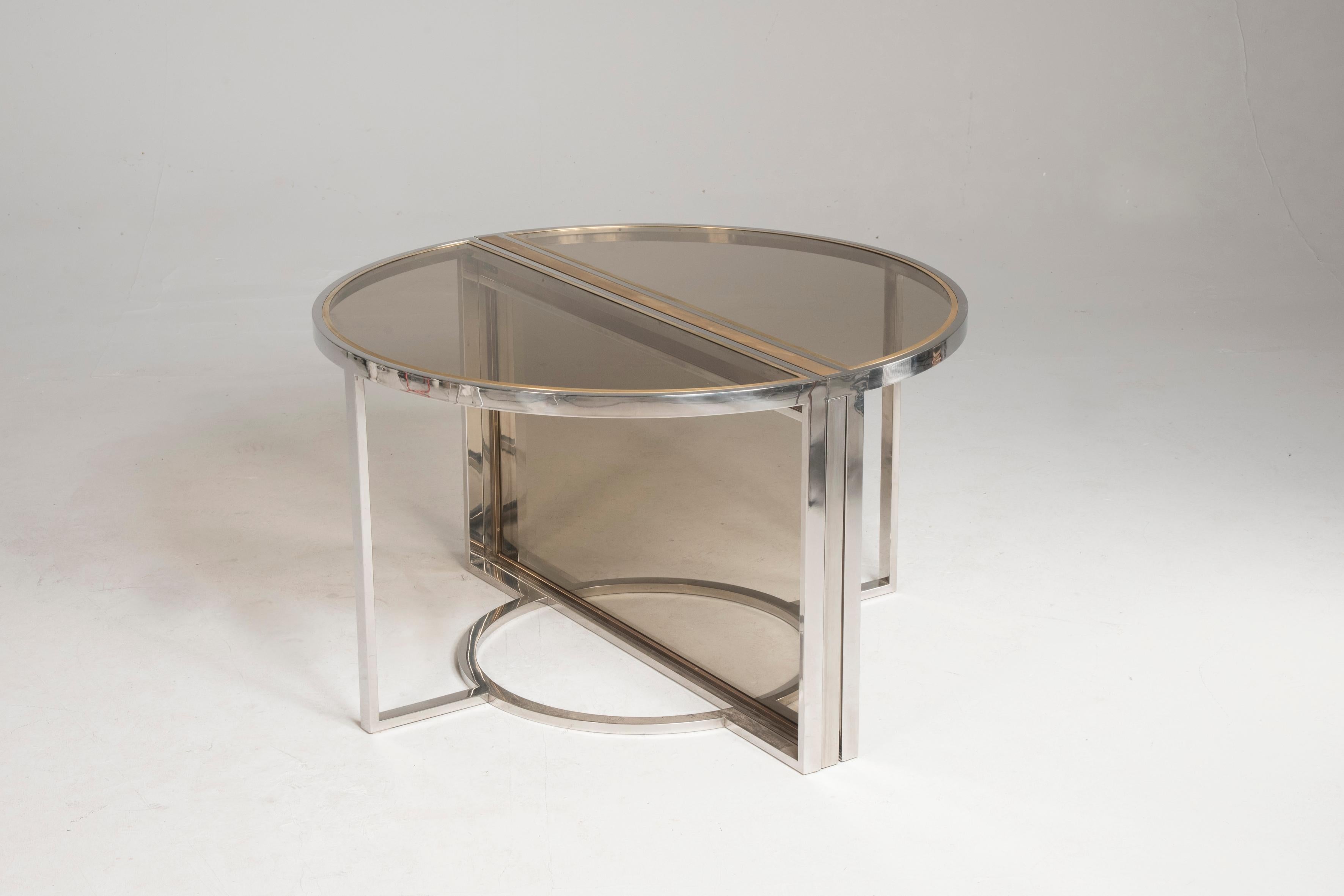 20th Century 1970s Chromed and Brass Smoked Glass Rounded Extendable Table Att. Romeo Rega