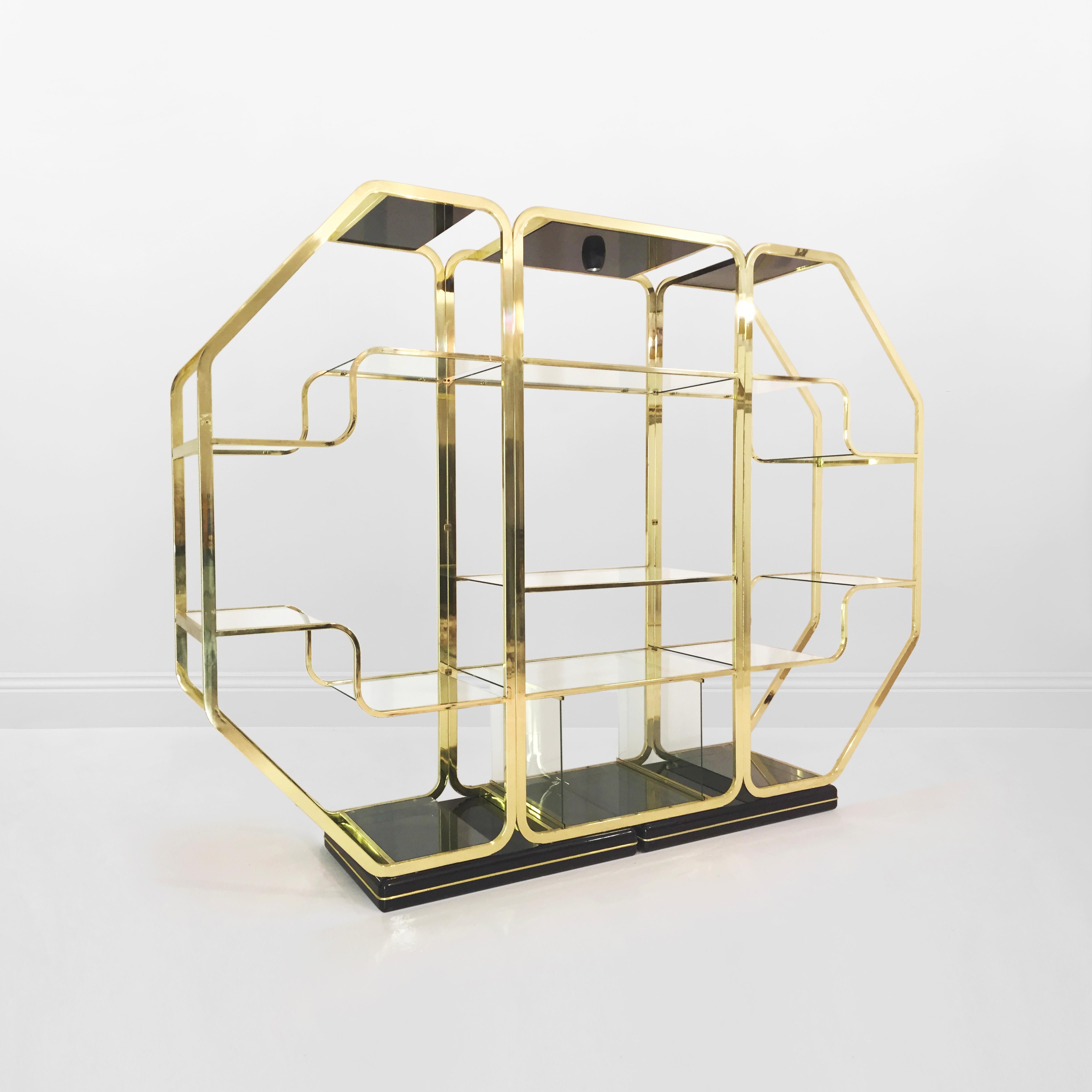 Italian 1970s Romeo Rega Manner Octagonal Brass Lacquered Glass Display Unit Zevi For Sale