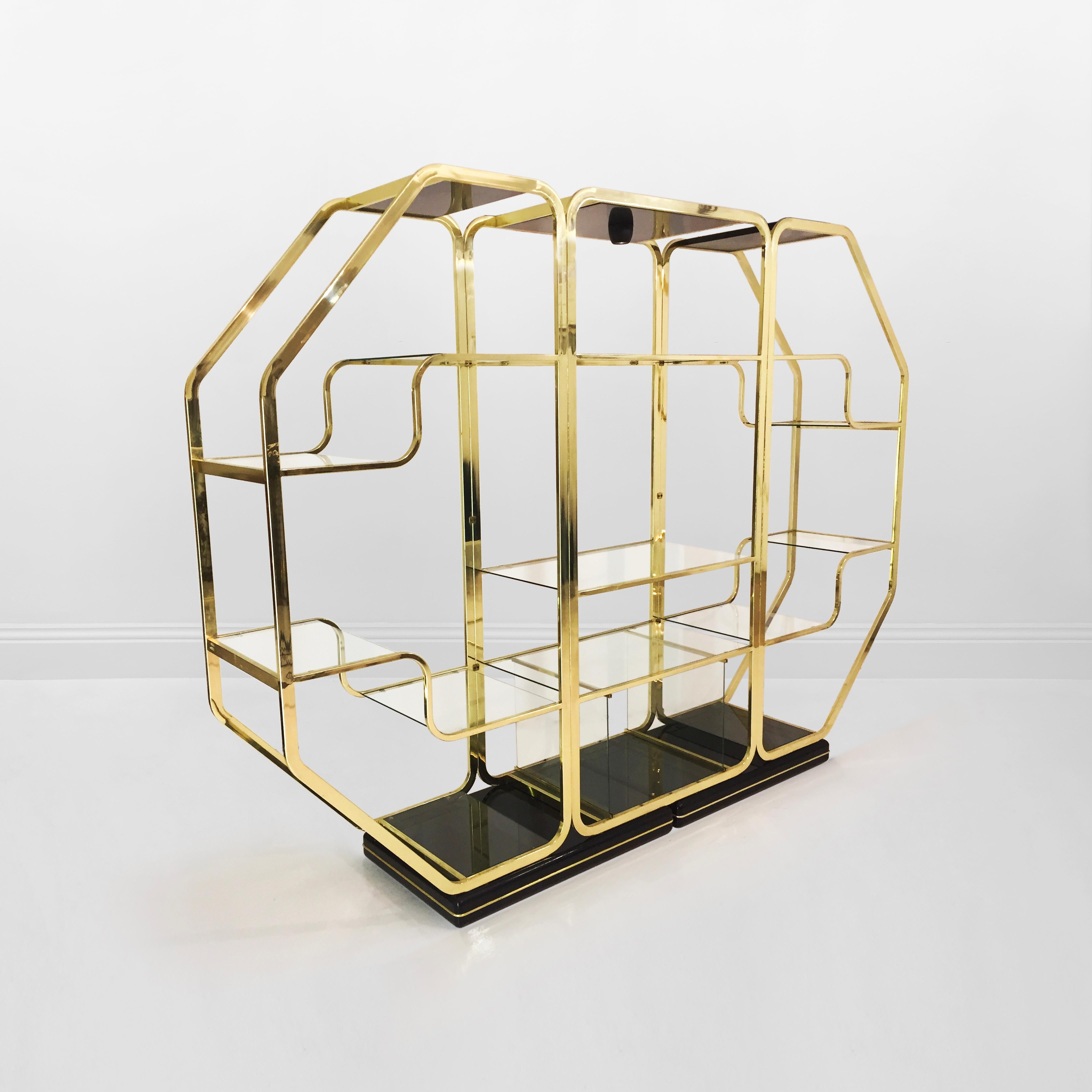 Plated 1970s Romeo Rega Manner Octagonal Brass Lacquered Glass Display Unit Zevi For Sale