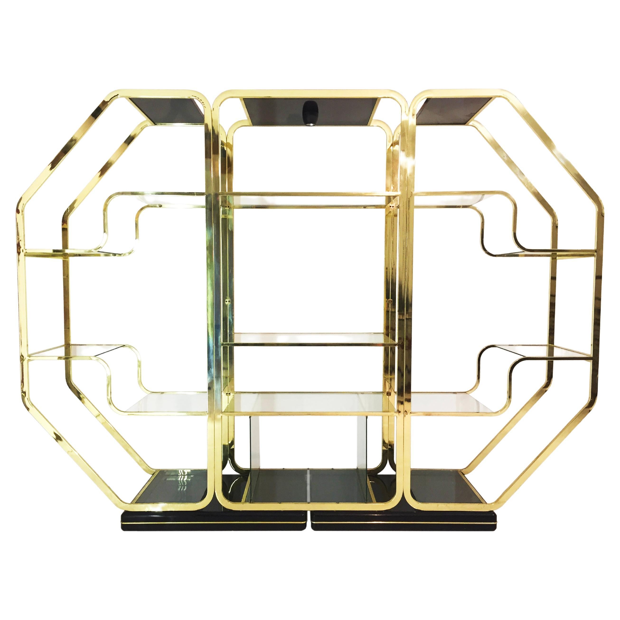 1970s Romeo Rega Manner Octagonal Brass Lacquered Glass Display Unit Zevi For Sale
