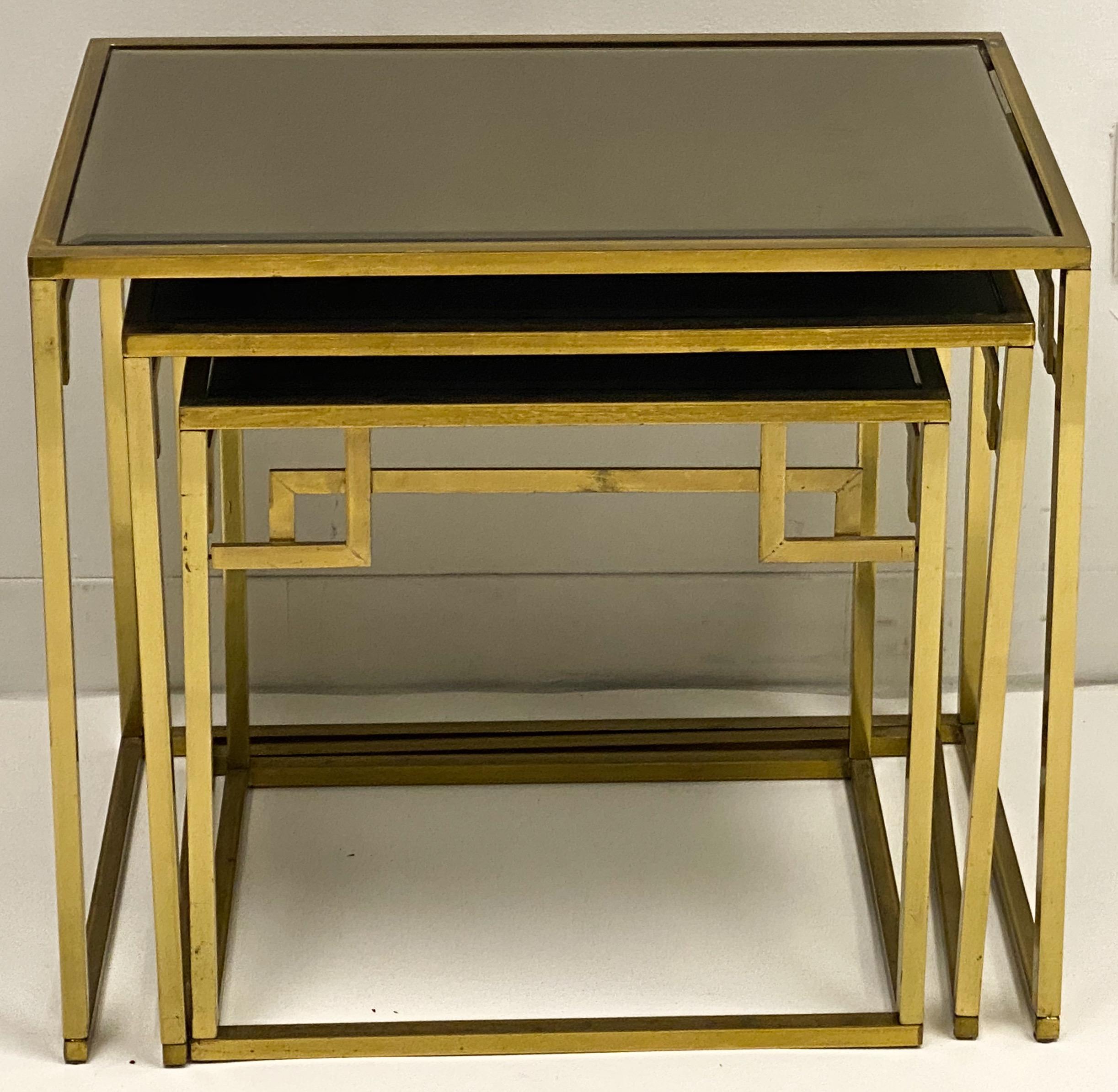 1970s Romeo Rega Neoclassical Style Italian Brass Greek Key Nesting Tables In Good Condition In Kennesaw, GA