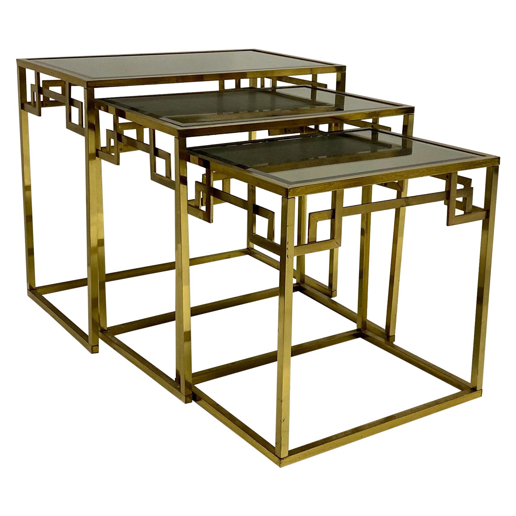 1970s Romeo Rega Neoclassical Style Italian Brass Greek Key Nesting Tables