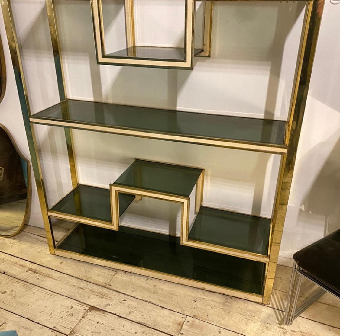 Italian 1970s Romeo Rega Style Mid-Century Modern Brass and Smoked glass Bookcase For Sale